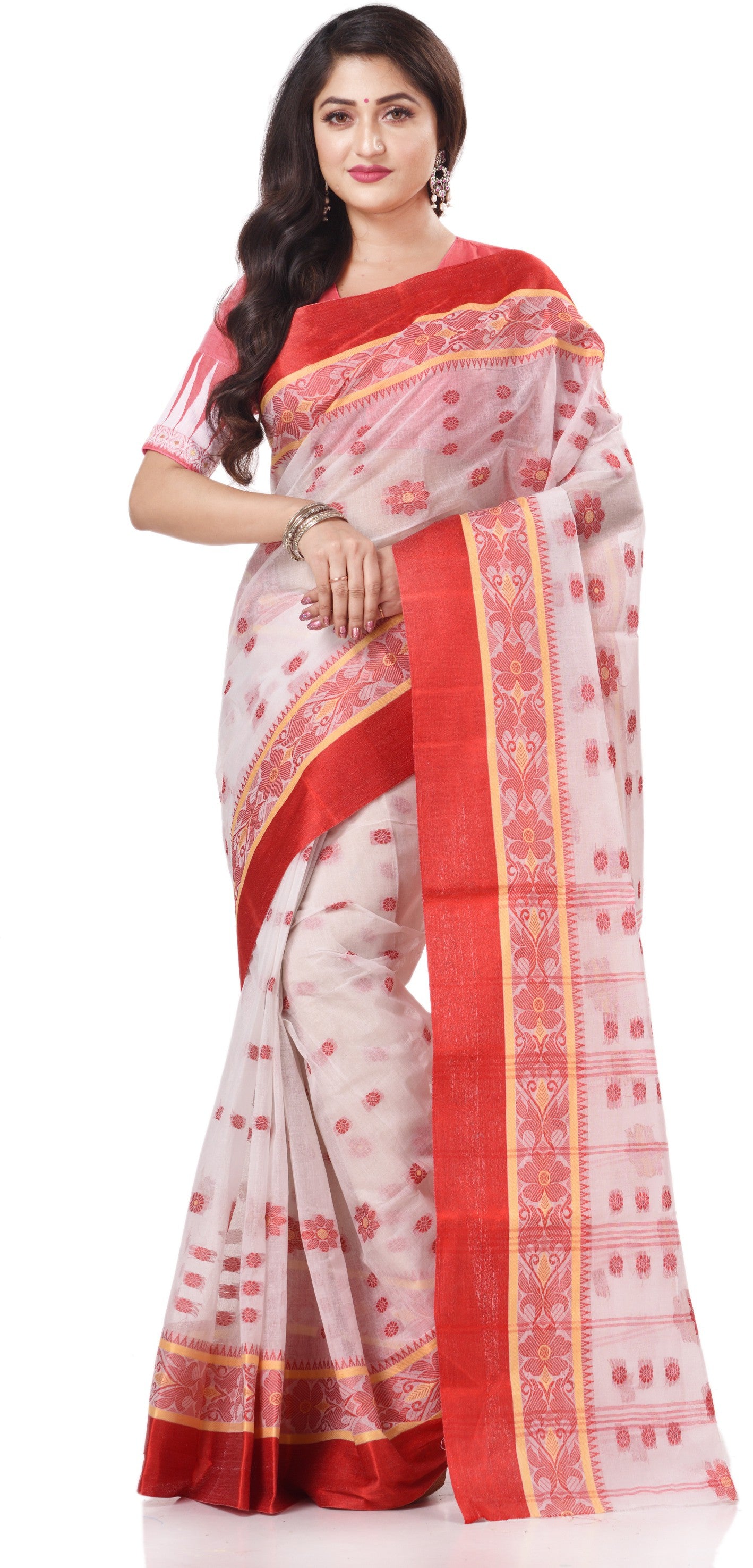 Desh Bidesh Woven Tant Handloom Pure Cotton Saree (White) - Distacart
