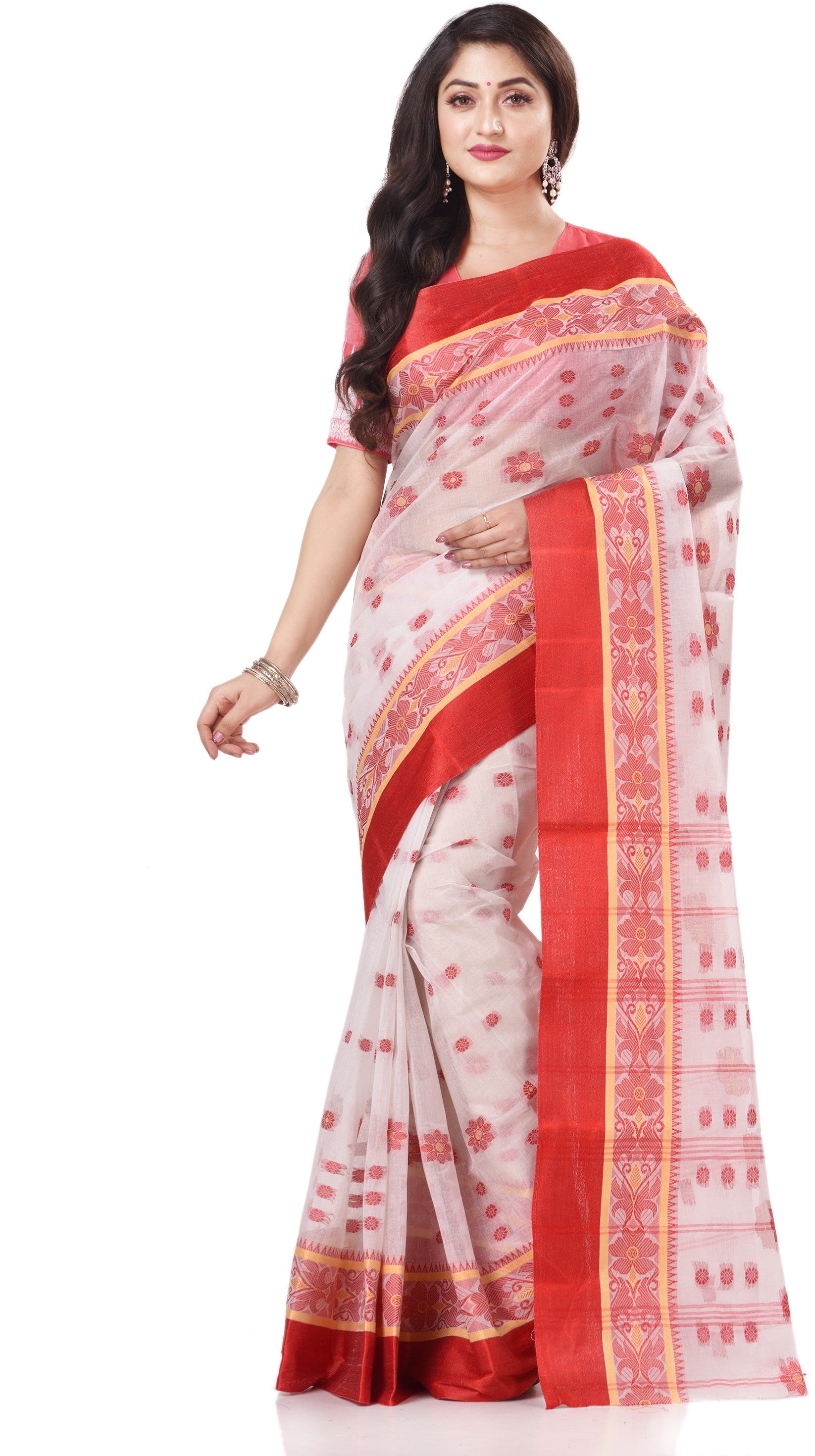 Desh Bidesh Woven Tant Handloom Pure Cotton Saree (White) - Distacart