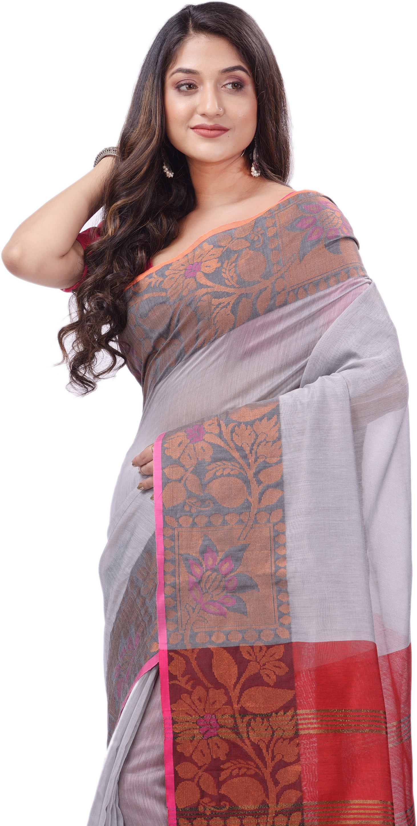 Desh Bidesh Woven Handloom Pure Cotton Saree (Grey) - Distacart