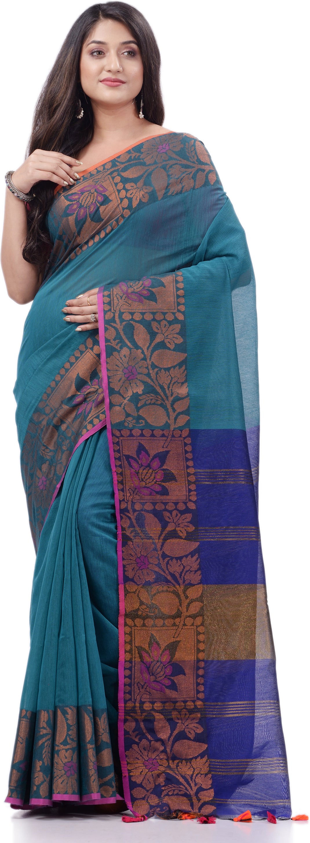 Desh Bidesh Woven Handloom Pure Cotton Saree (Light Blue) - Distacart