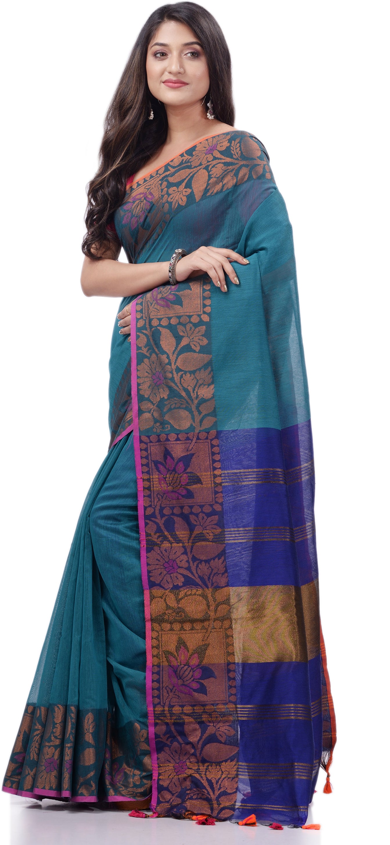Desh Bidesh Woven Handloom Pure Cotton Saree (Light Blue) - Distacart