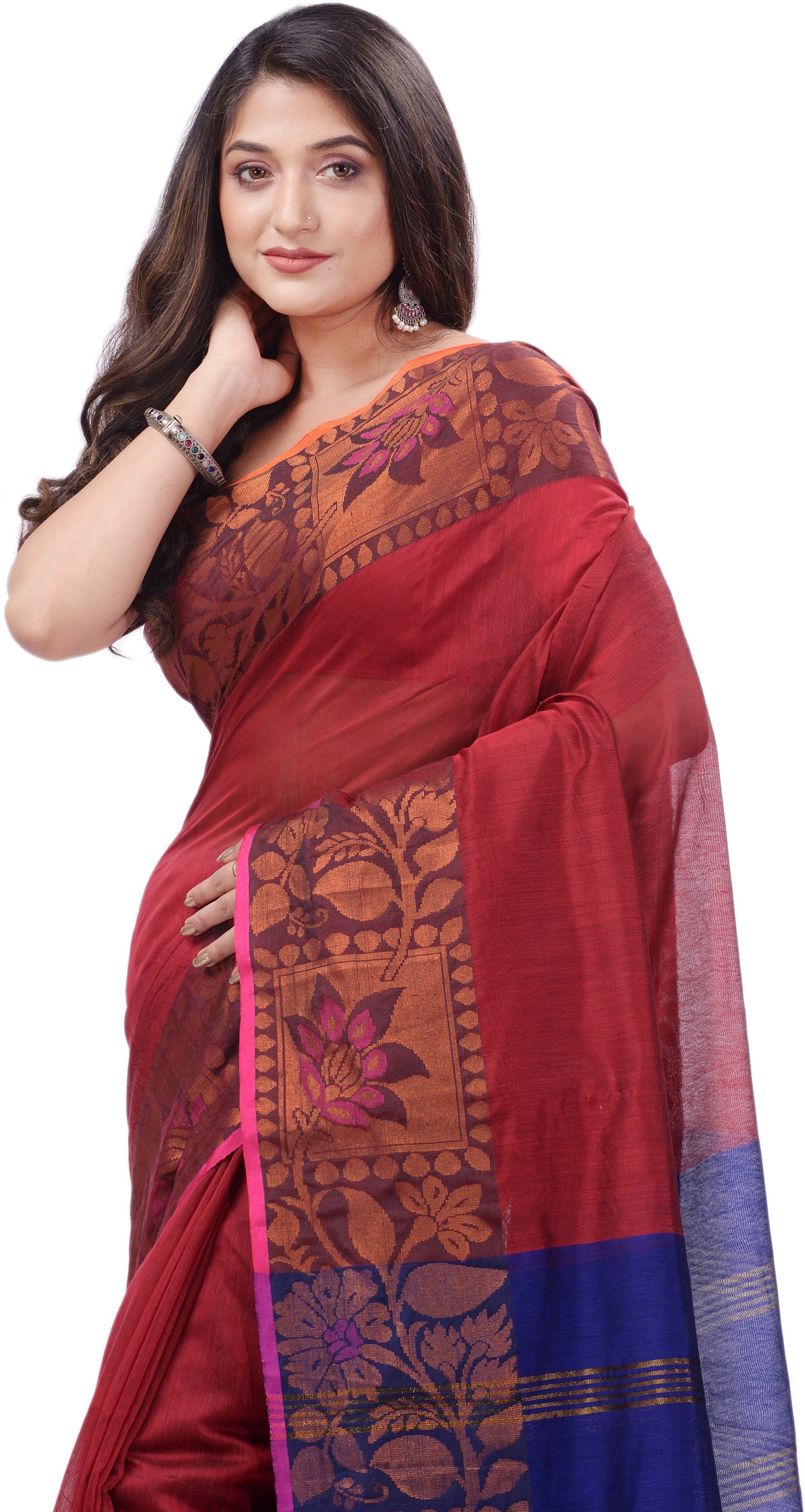 Desh Bidesh Woven Handloom Pure Cotton Saree (Red) - Distacart