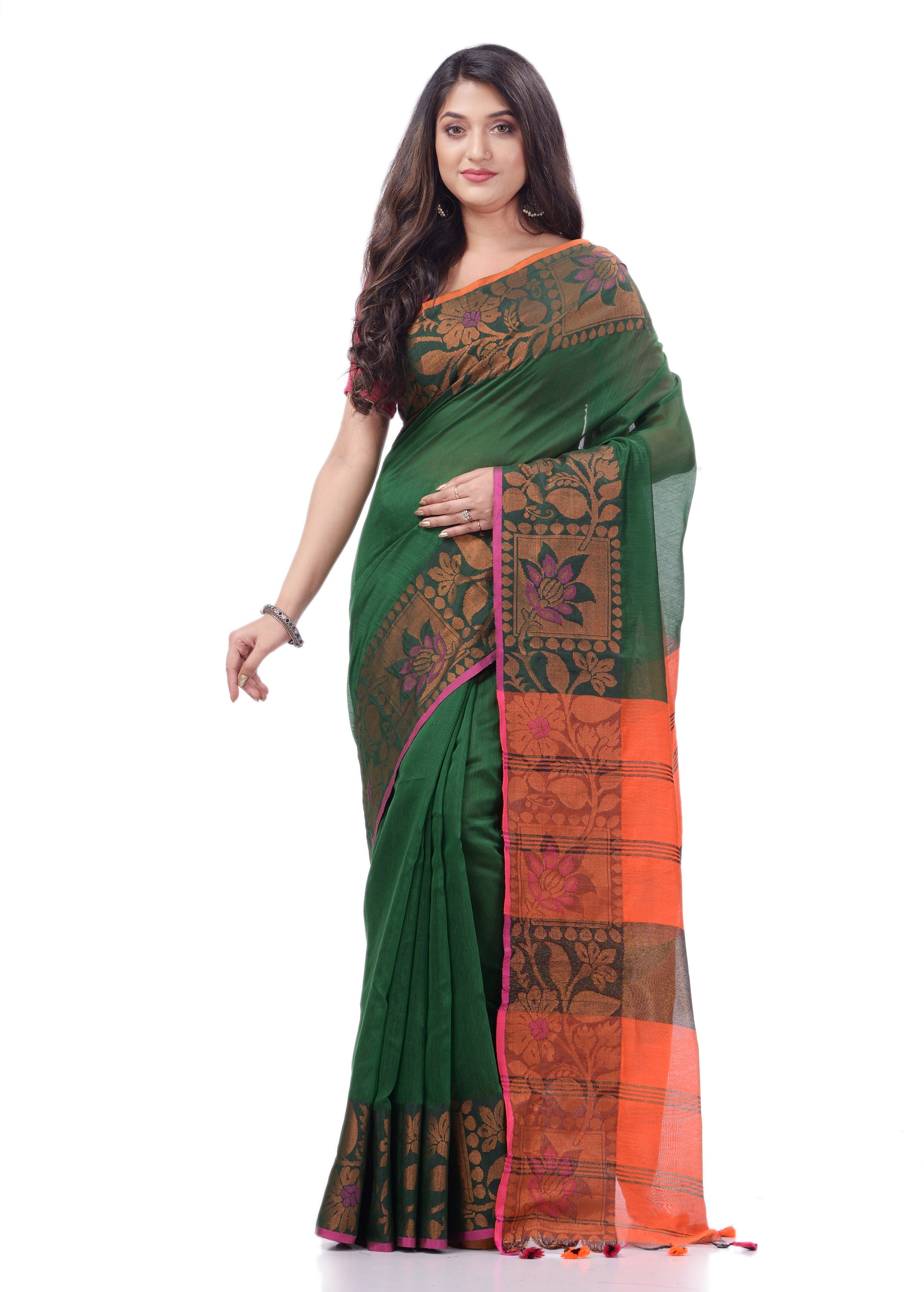 Desh Bidesh Woven Handloom Pure Cotton Saree (Green) - Distacart