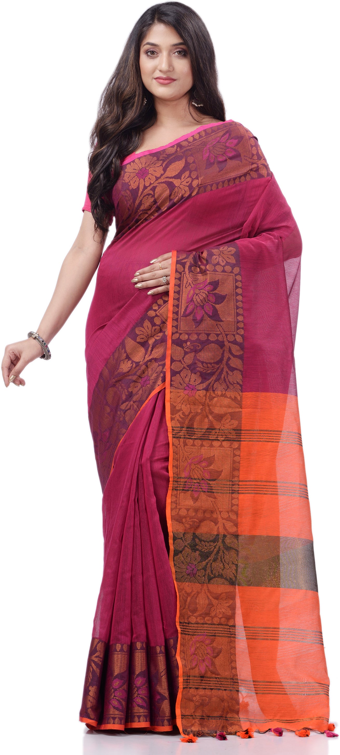 Desh Bidesh Woven Handloom Pure Cotton Saree (Pink) - Distacart