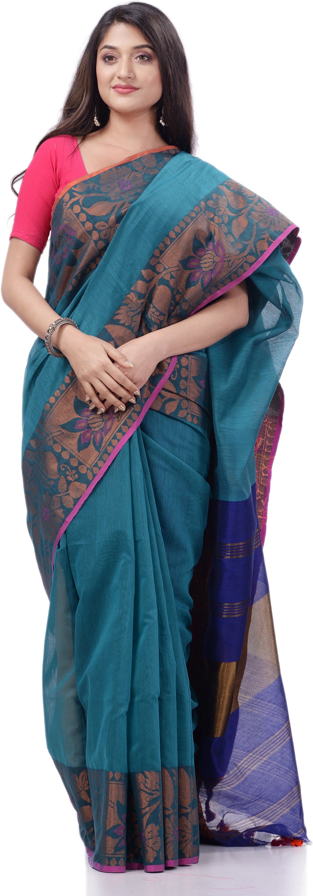 Desh Bidesh Woven Handloom Pure Cotton Saree (Light Blue) - Distacart