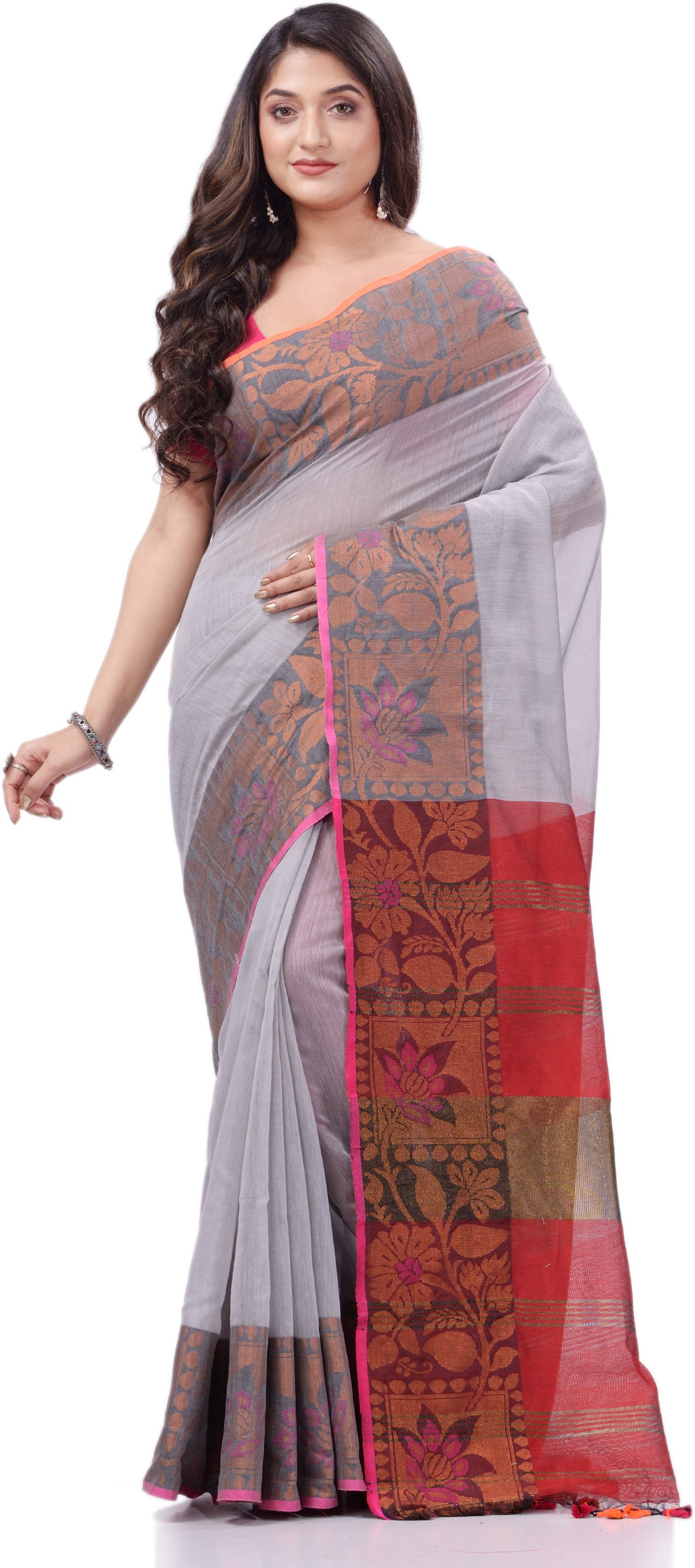 Desh Bidesh Woven Handloom Pure Cotton Saree (Grey) - Distacart