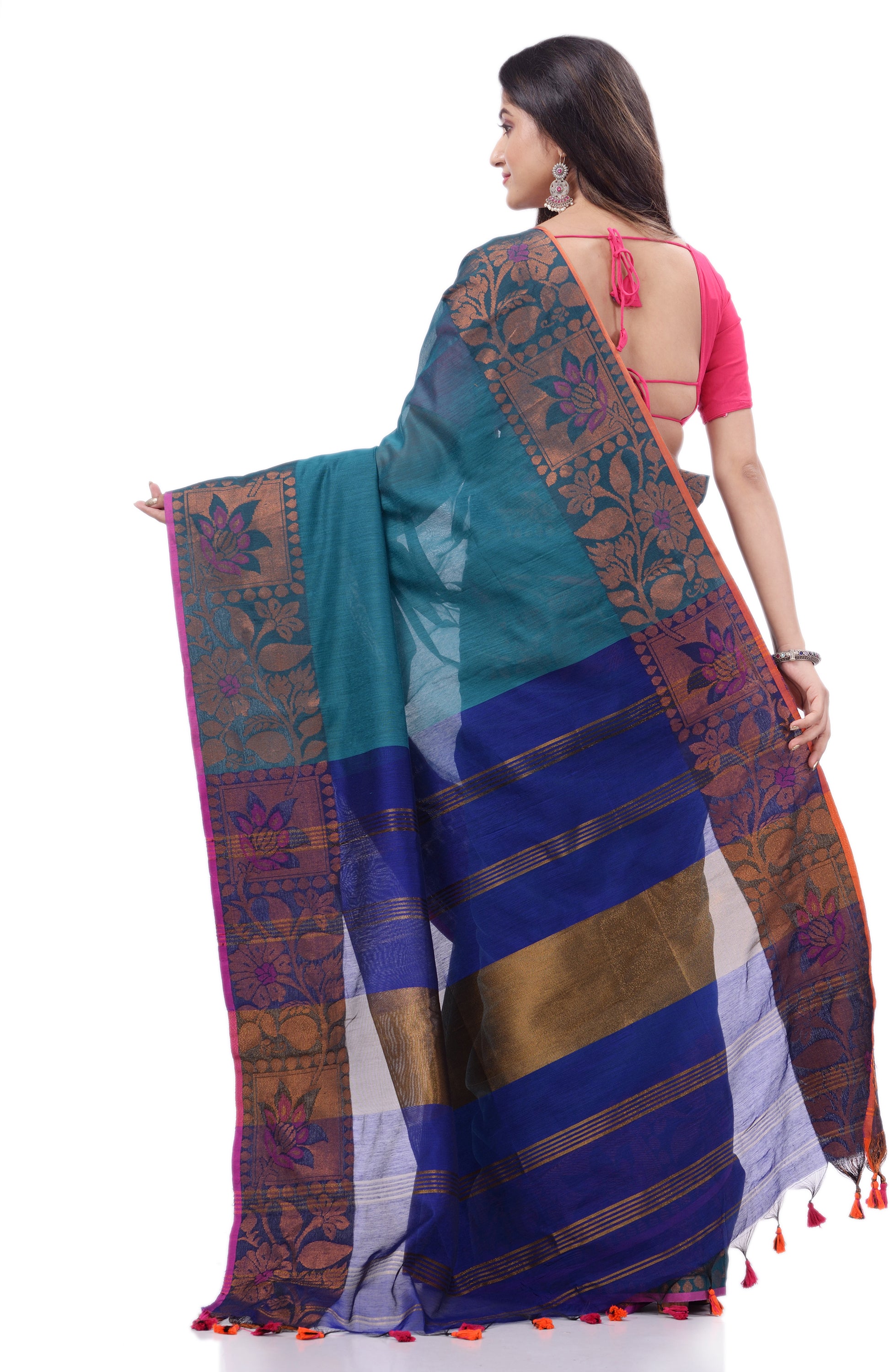 Desh Bidesh Woven Handloom Pure Cotton Saree (Light Blue) - Distacart