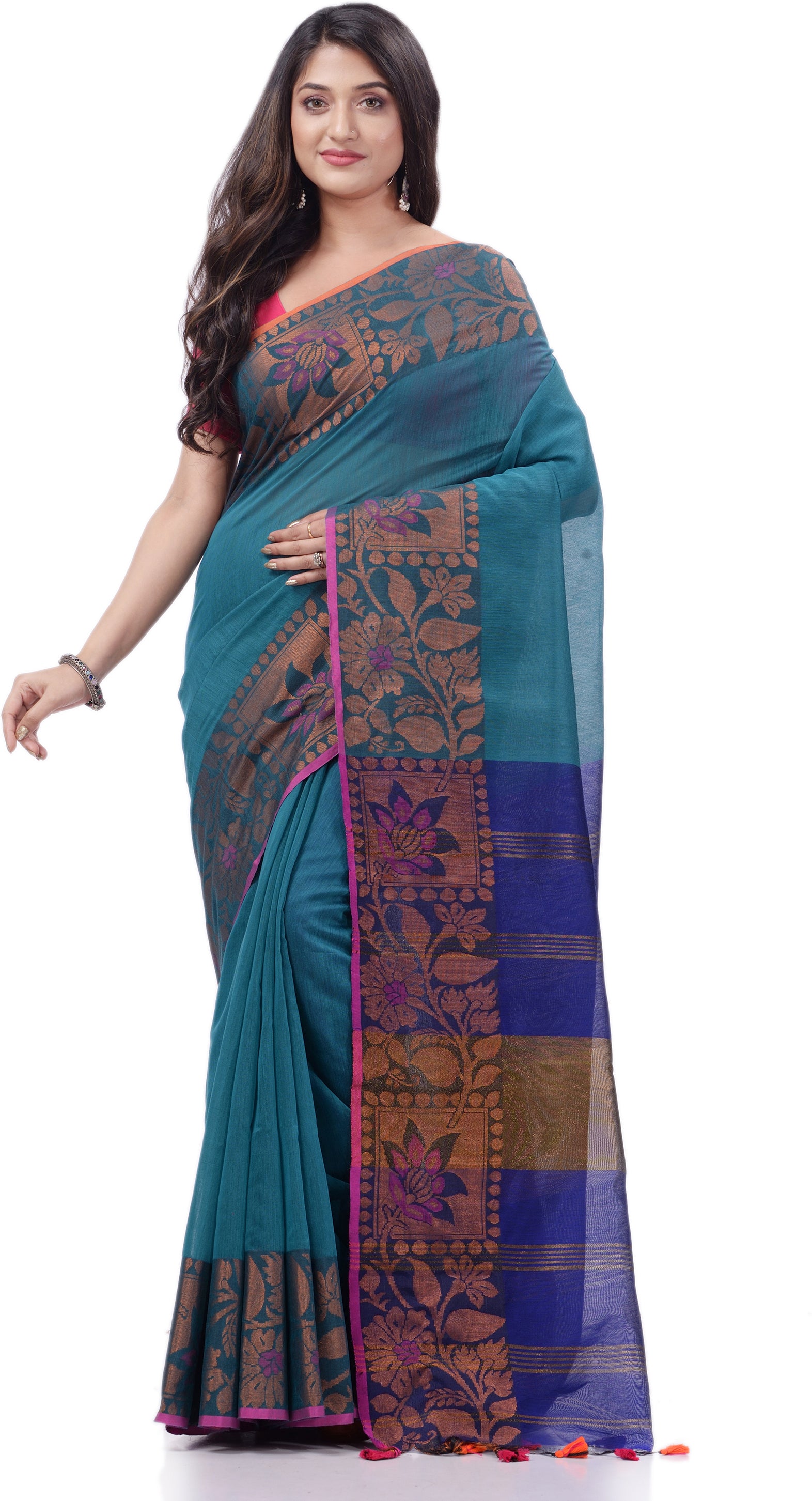 Desh Bidesh Woven Handloom Pure Cotton Saree (Light Blue) - Distacart