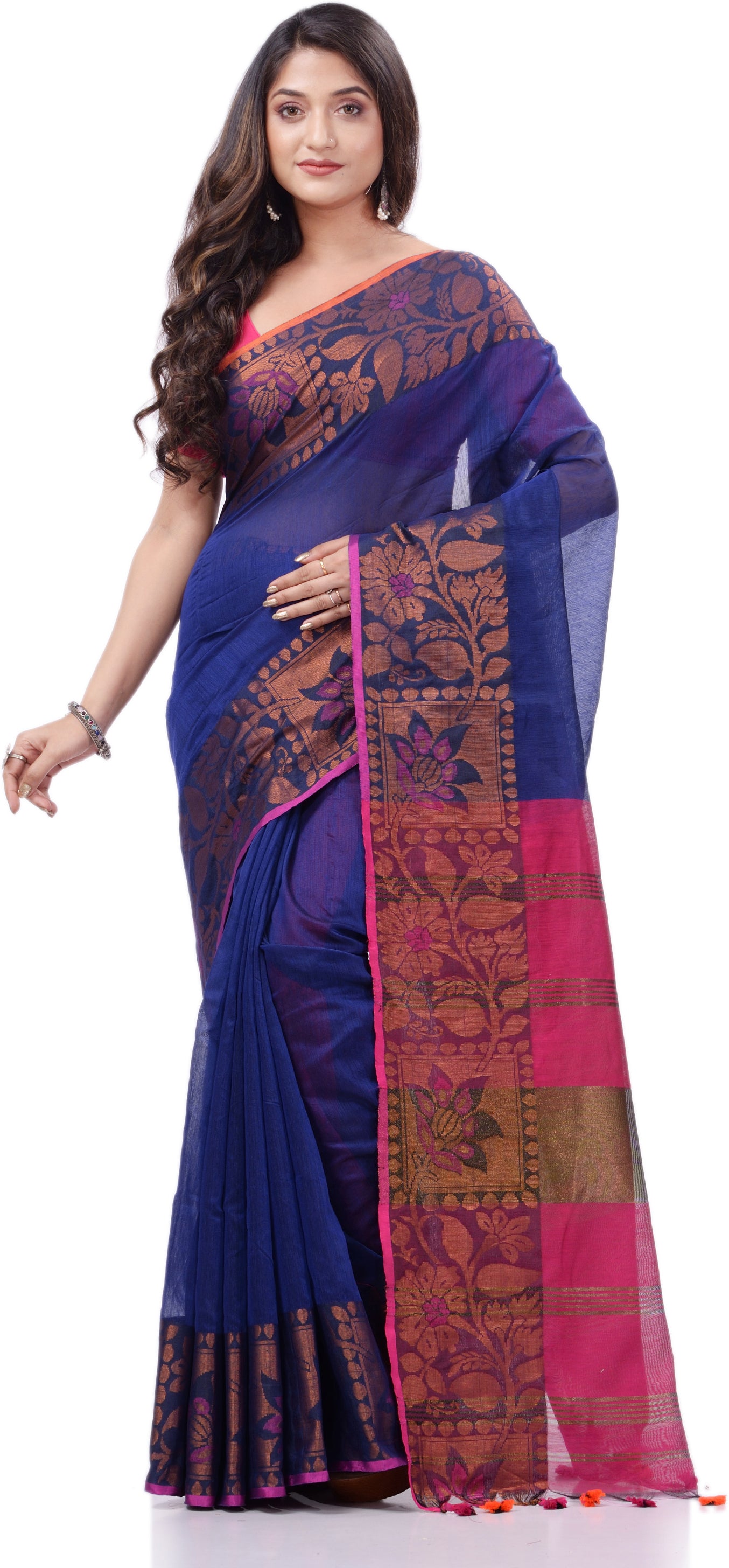 Desh Bidesh Woven Handloom Pure Cotton Saree (Blue) - Distacart