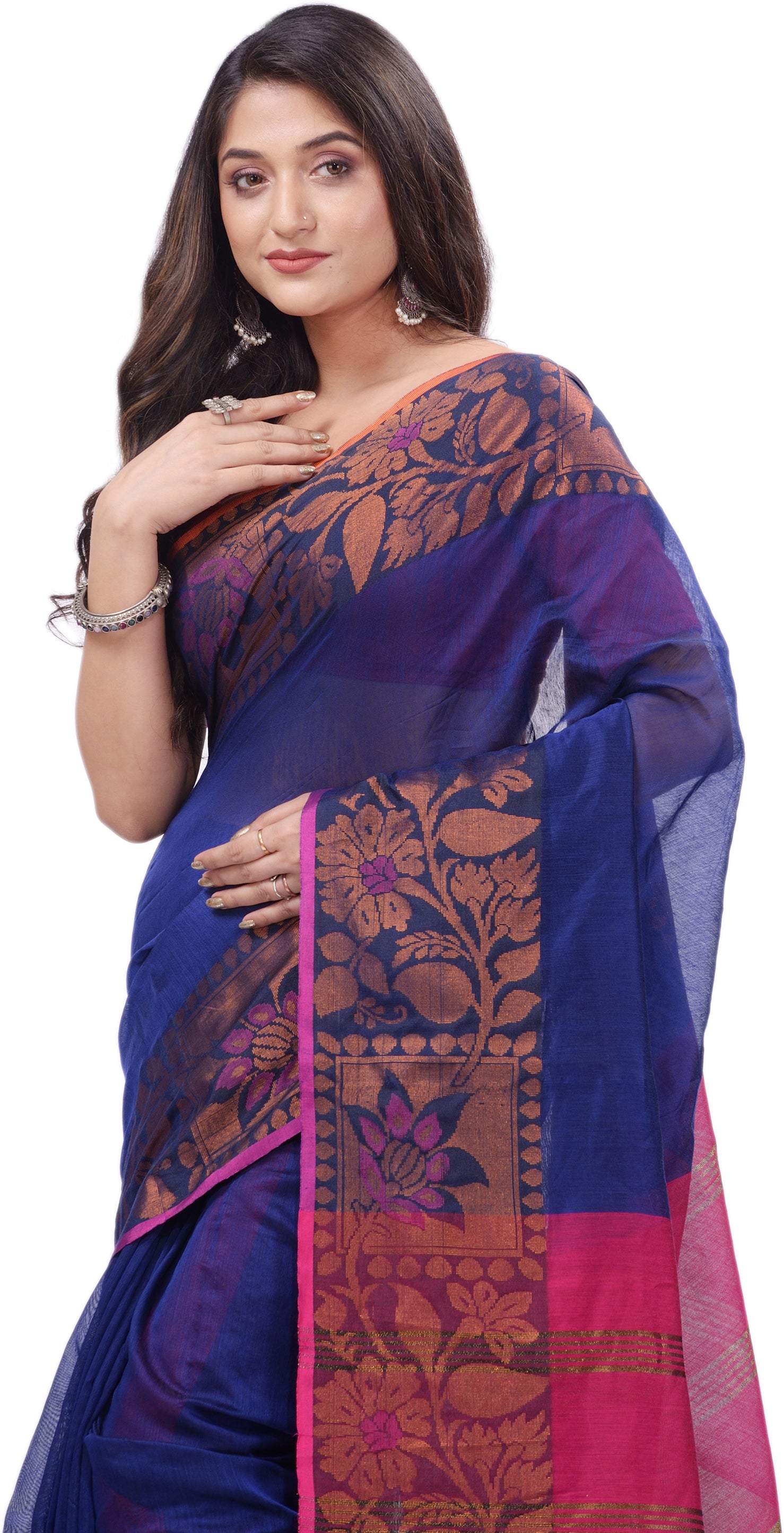 Desh Bidesh Woven Handloom Pure Cotton Saree (Blue) - Distacart