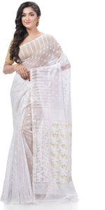 Thumbnail for Desh Bidesh Woven Jamdani Handloom Pure Cotton Saree (White) - Distacart