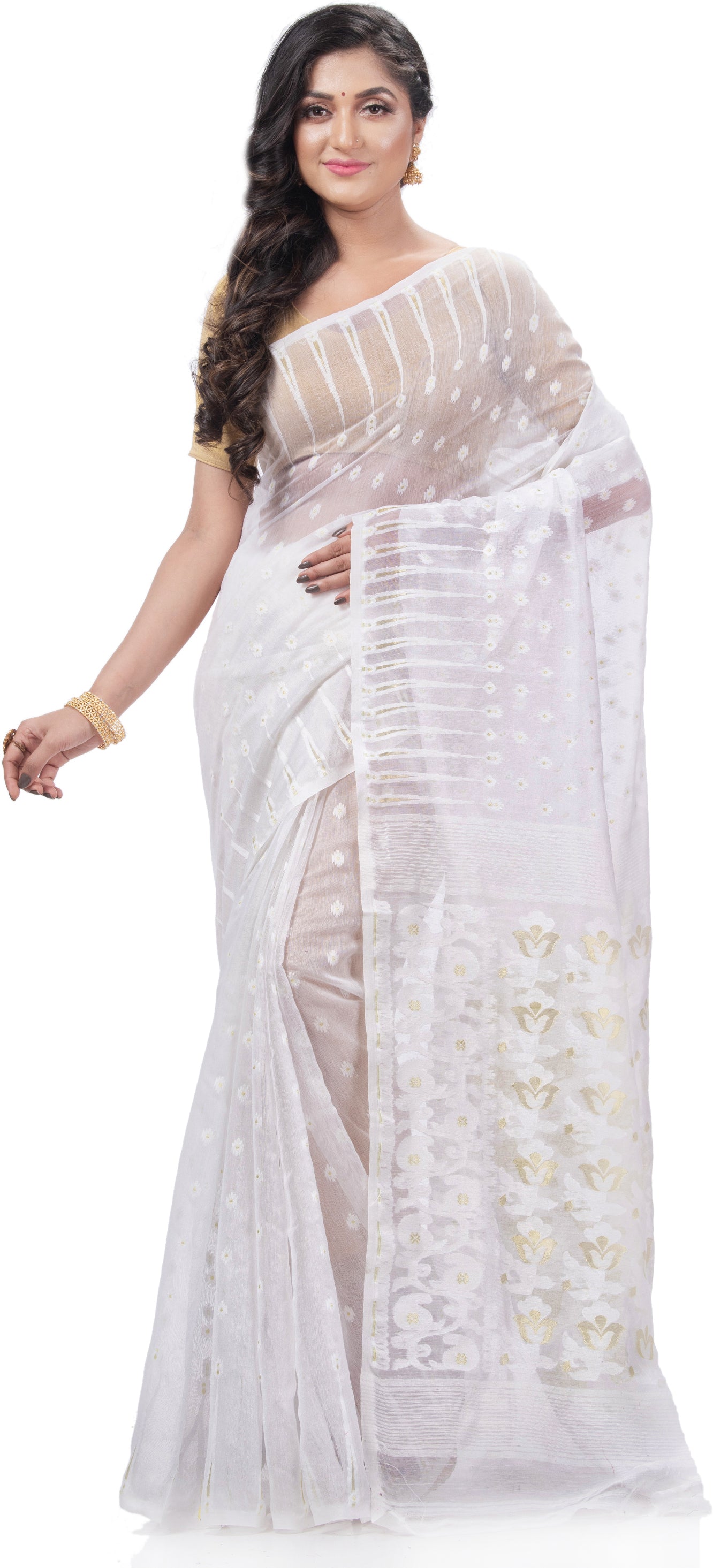 Desh Bidesh Woven Jamdani Pure Cotton Saree (White) - Distacart