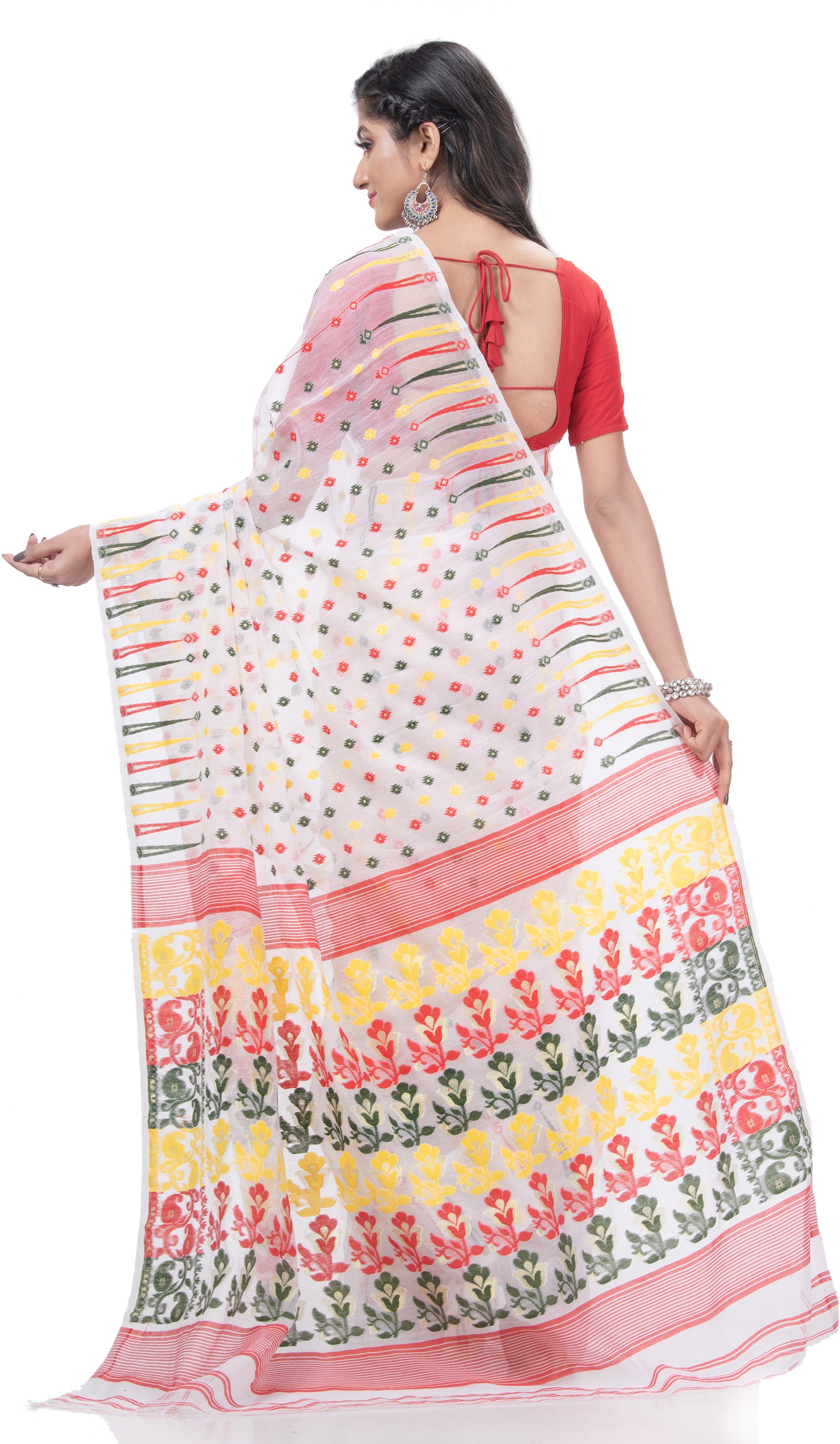 Desh Bidesh Woven Jamdani Handloom Pure Cotton Saree (Red) - Distacart
