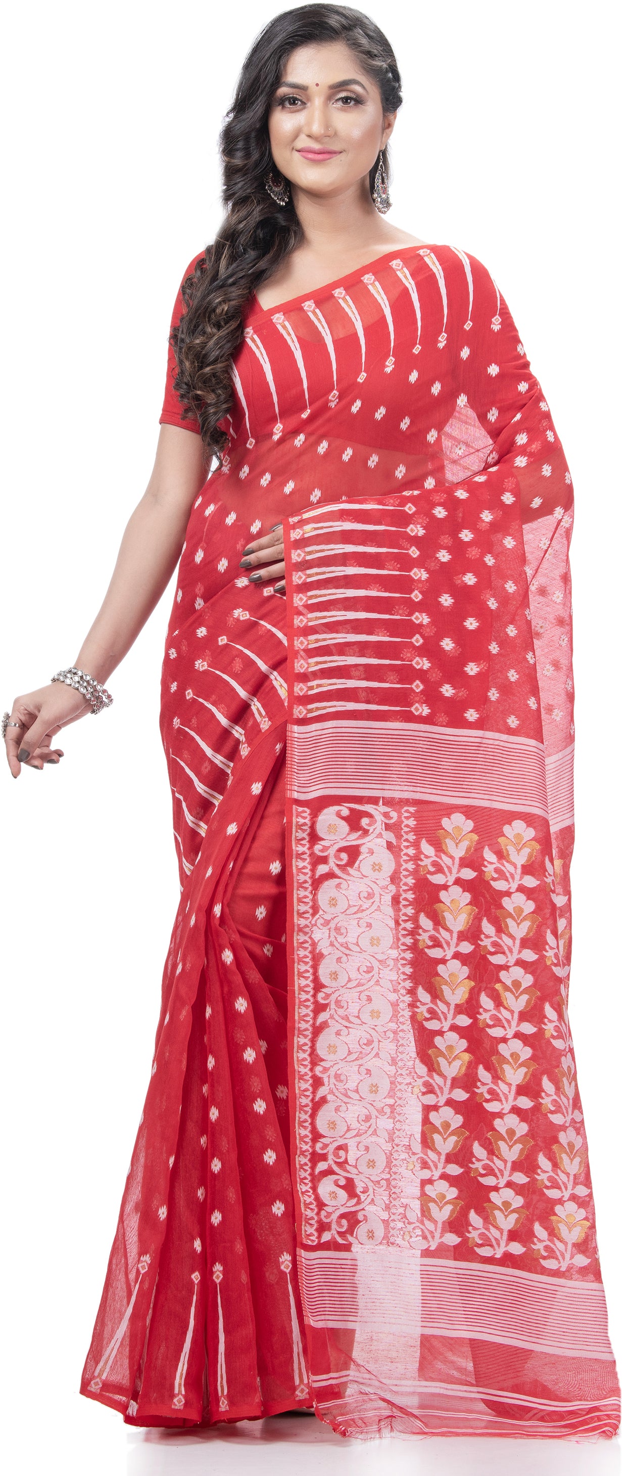 Desh Bidesh Woven Jamdani Handloom Pure Cotton Saree (Red) - Distacart