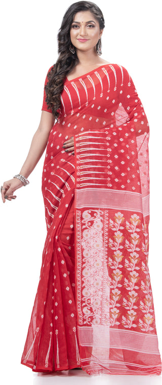 Desh Bidesh Woven Jamdani Handloom Pure Cotton Saree (Red) - Distacart