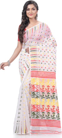 Thumbnail for Desh Bidesh Woven Jamdani Pure Cotton Saree (White) - Distacart
