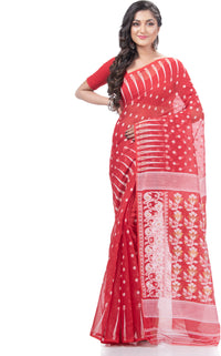 Thumbnail for Desh Bidesh Woven Jamdani Pure Cotton Saree (Red) - Distacart