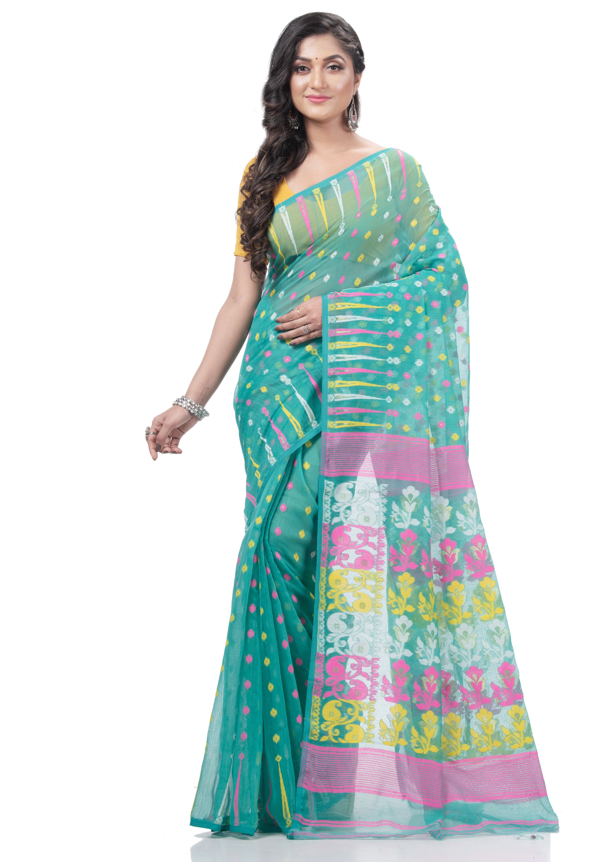 Desh Bidesh Woven Jamdani Handloom Pure Cotton Saree (Blue) - Distacart