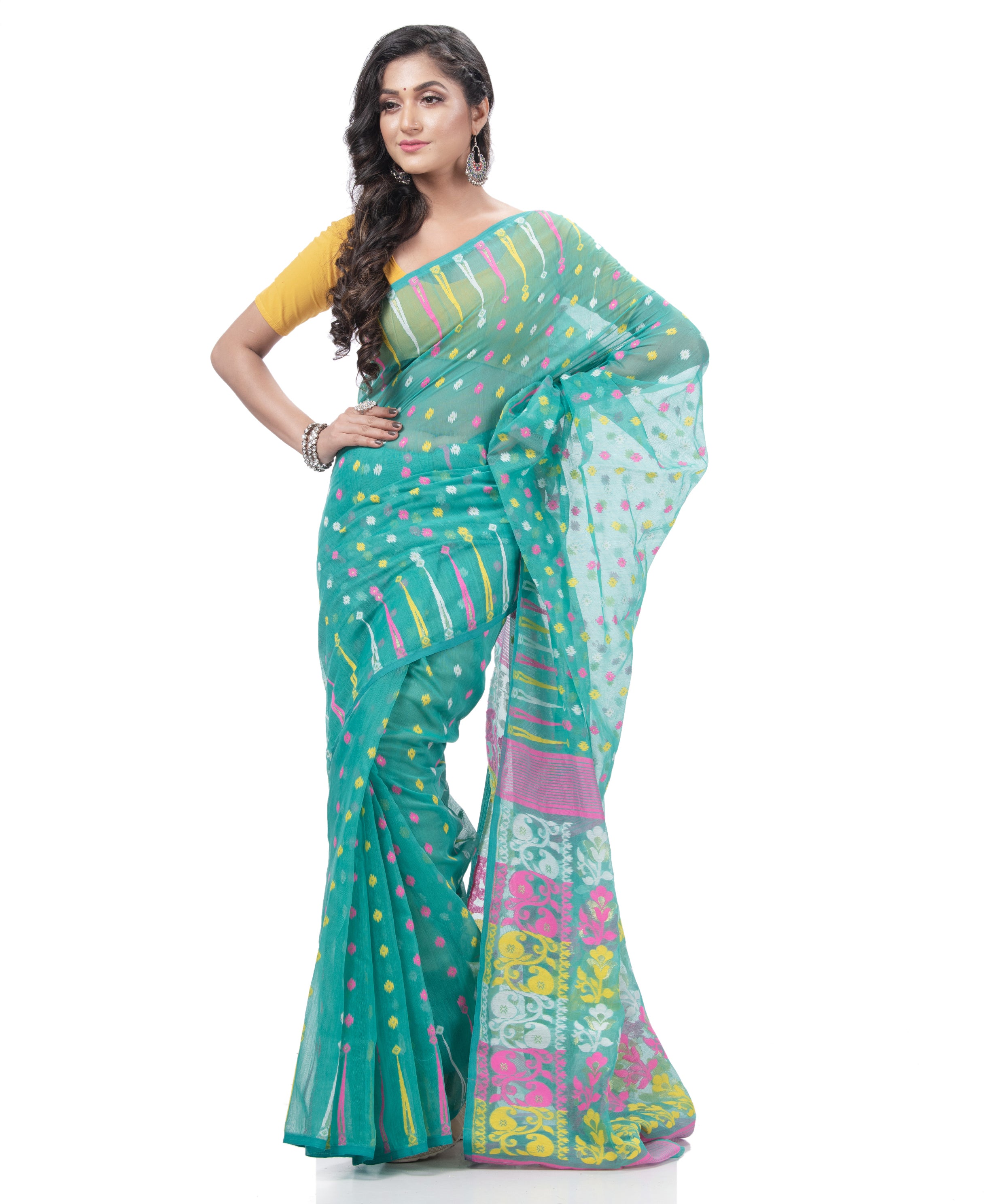 Desh Bidesh Woven Jamdani Handloom Pure Cotton Saree (Blue) - Distacart