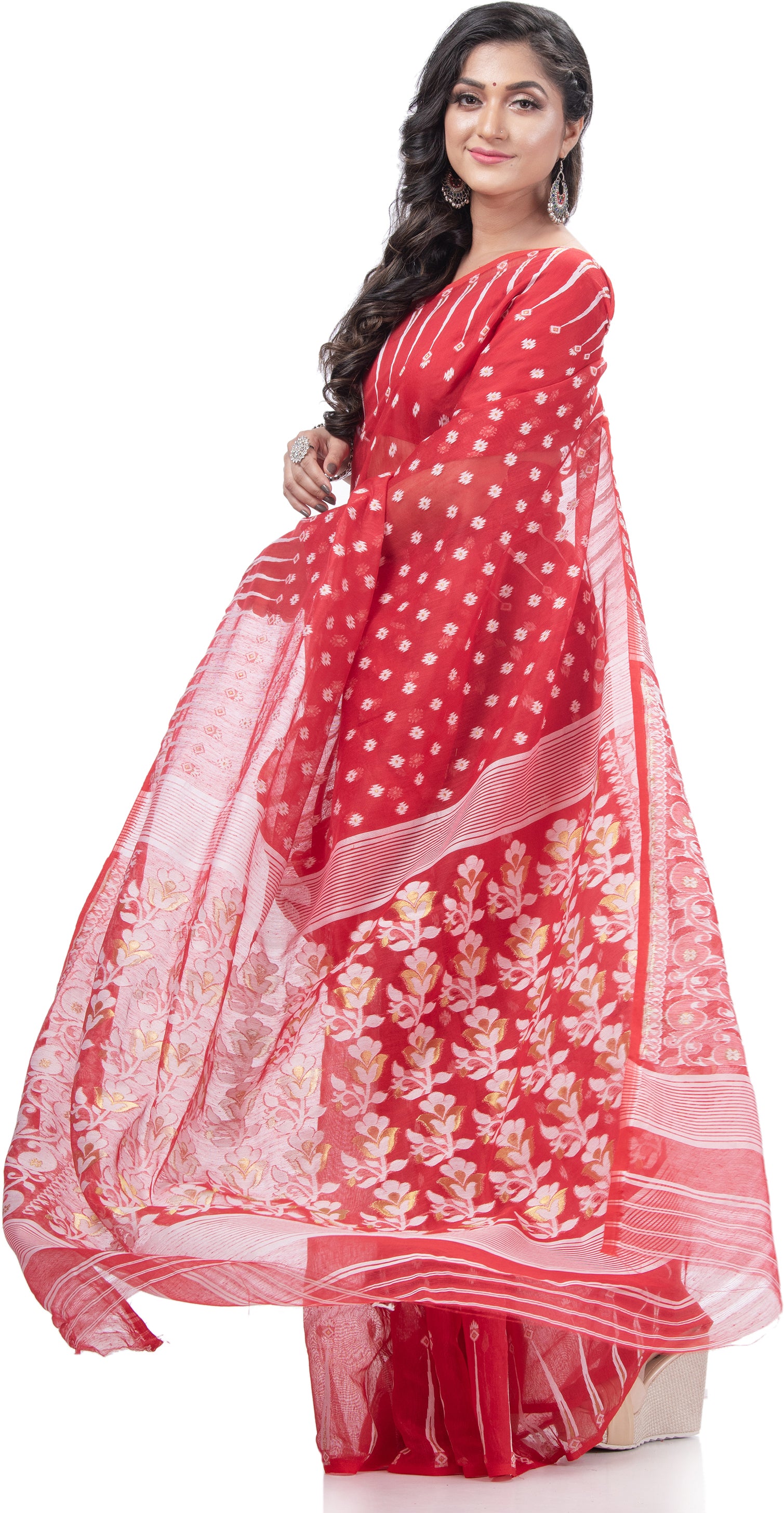 Desh Bidesh Woven Jamdani Handloom Pure Cotton Saree (Red) - Distacart