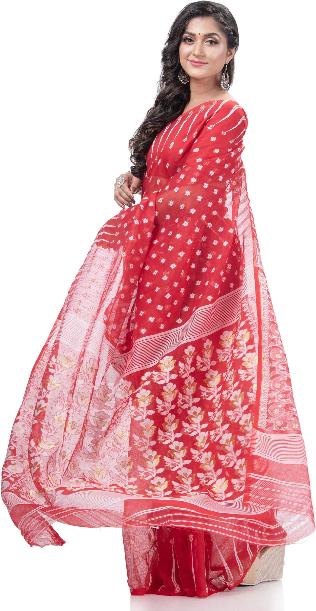 Desh Bidesh Woven Jamdani Pure Cotton Saree (Red) - Distacart