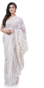 Thumbnail for Desh Bidesh Woven Jamdani Handloom Pure Cotton Saree (White) - Distacart