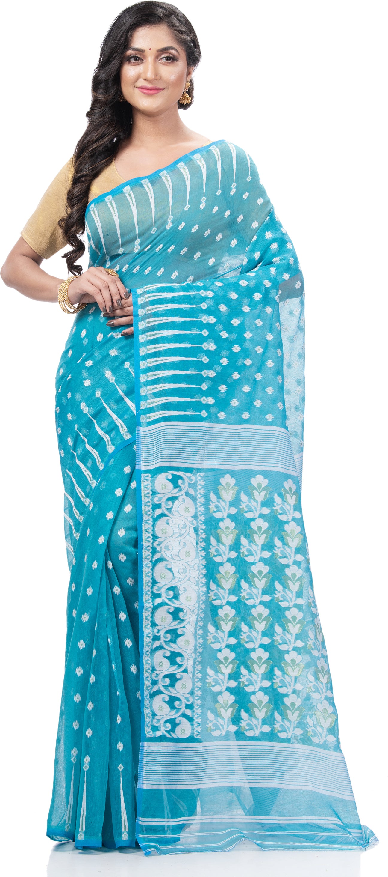 Desh Bidesh Embellished Jamdani Handloom Cotton Blend Saree (Blue) - Distacart