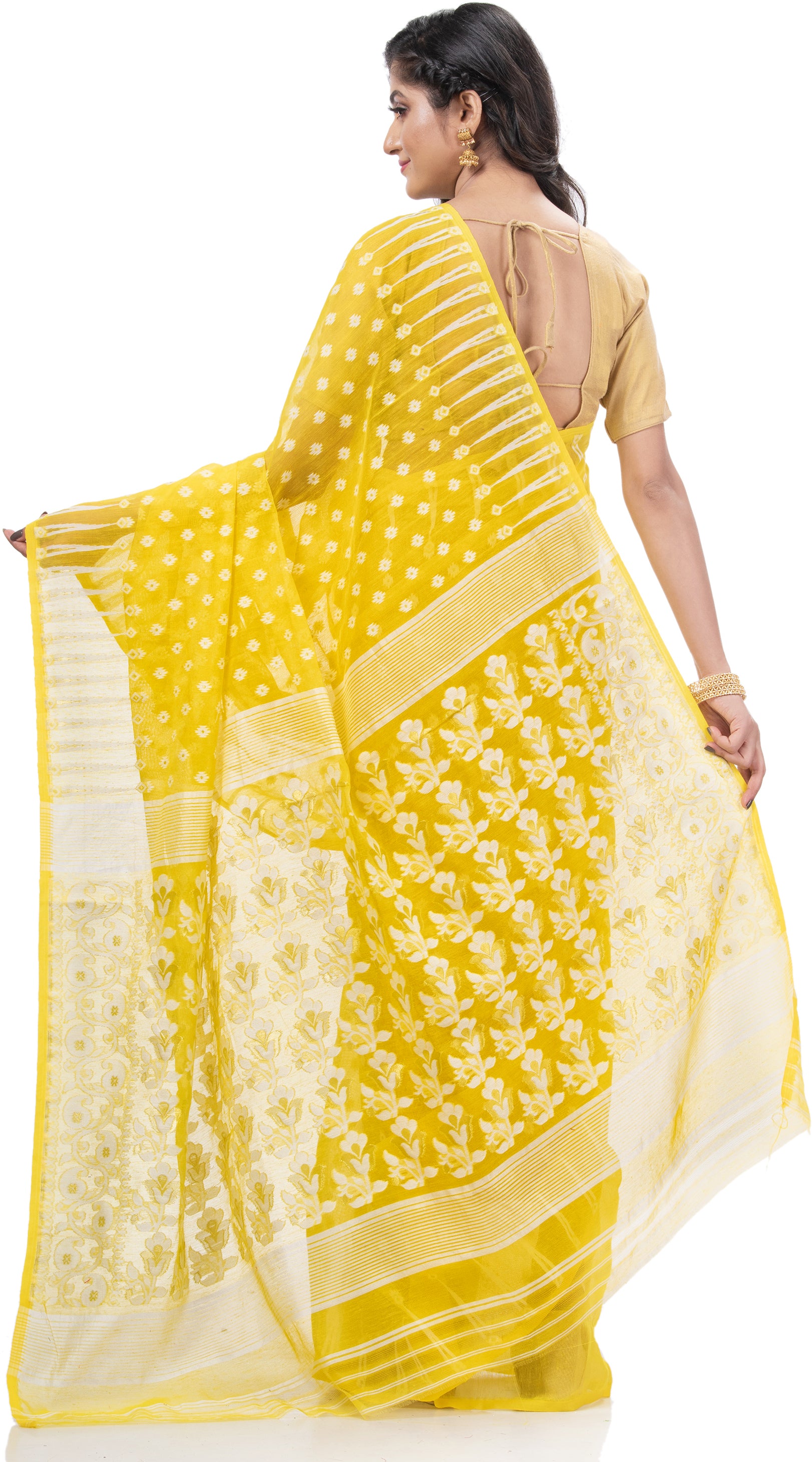 Desh Bidesh Embellished Jamdani Handloom Cotton Blend Saree (Yellow) - Distacart