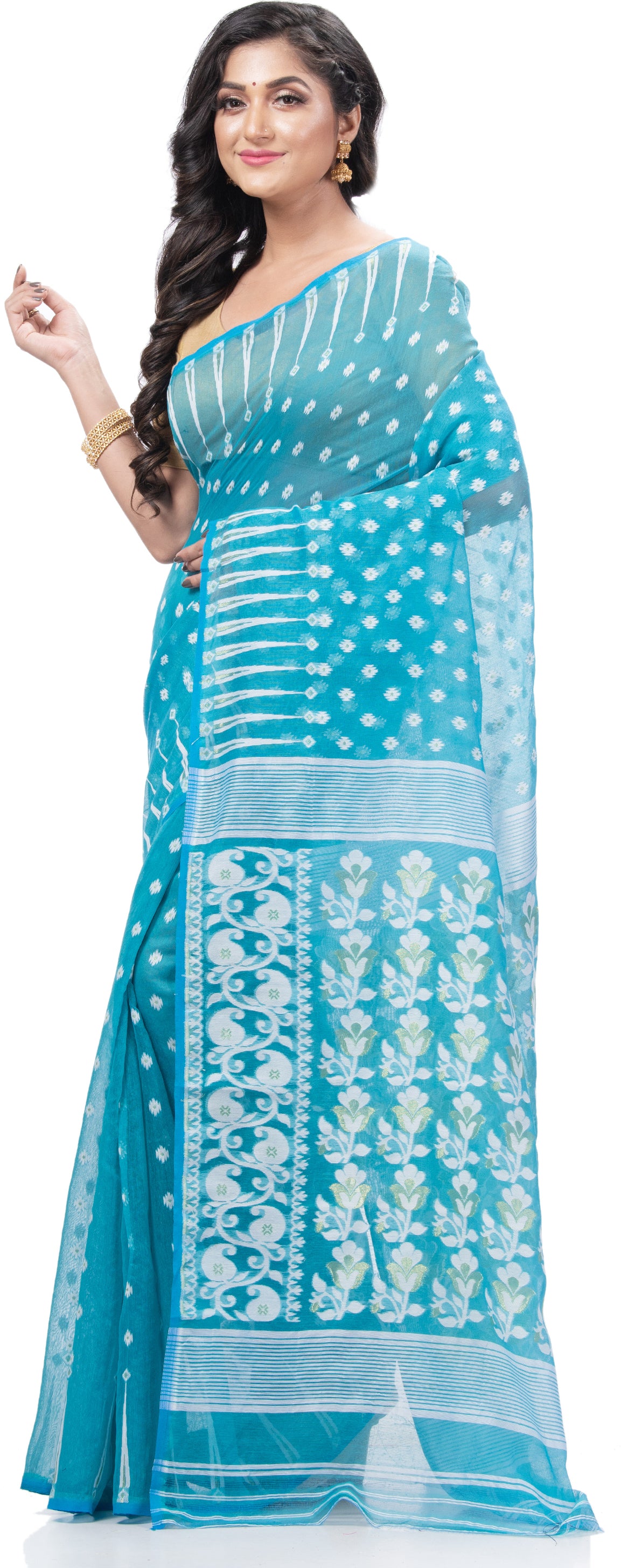 Desh Bidesh Embellished Jamdani Handloom Cotton Blend Saree (Blue) - Distacart