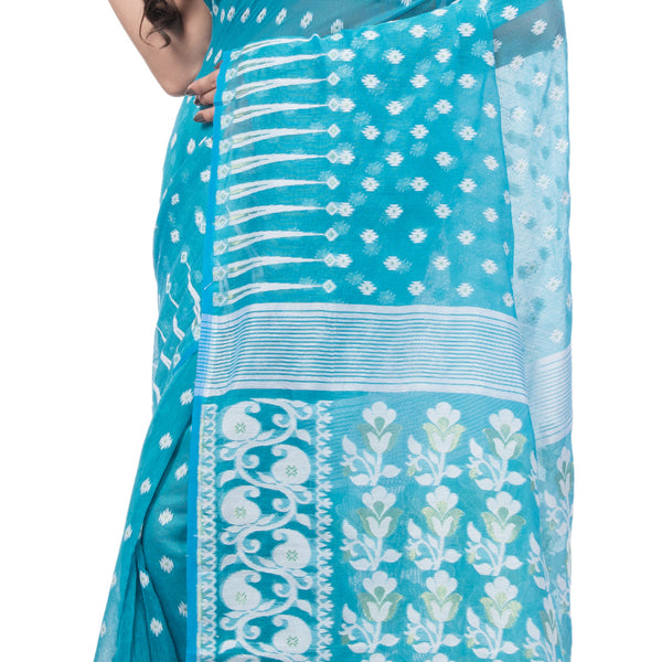 Desh Bidesh Embellished Jamdani Handloom Cotton Blend Saree (Blue) - Distacart