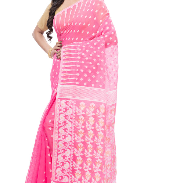 Desh Bidesh Embellished Jamdani Handloom Cotton Blend Saree (Pink) - Distacart
