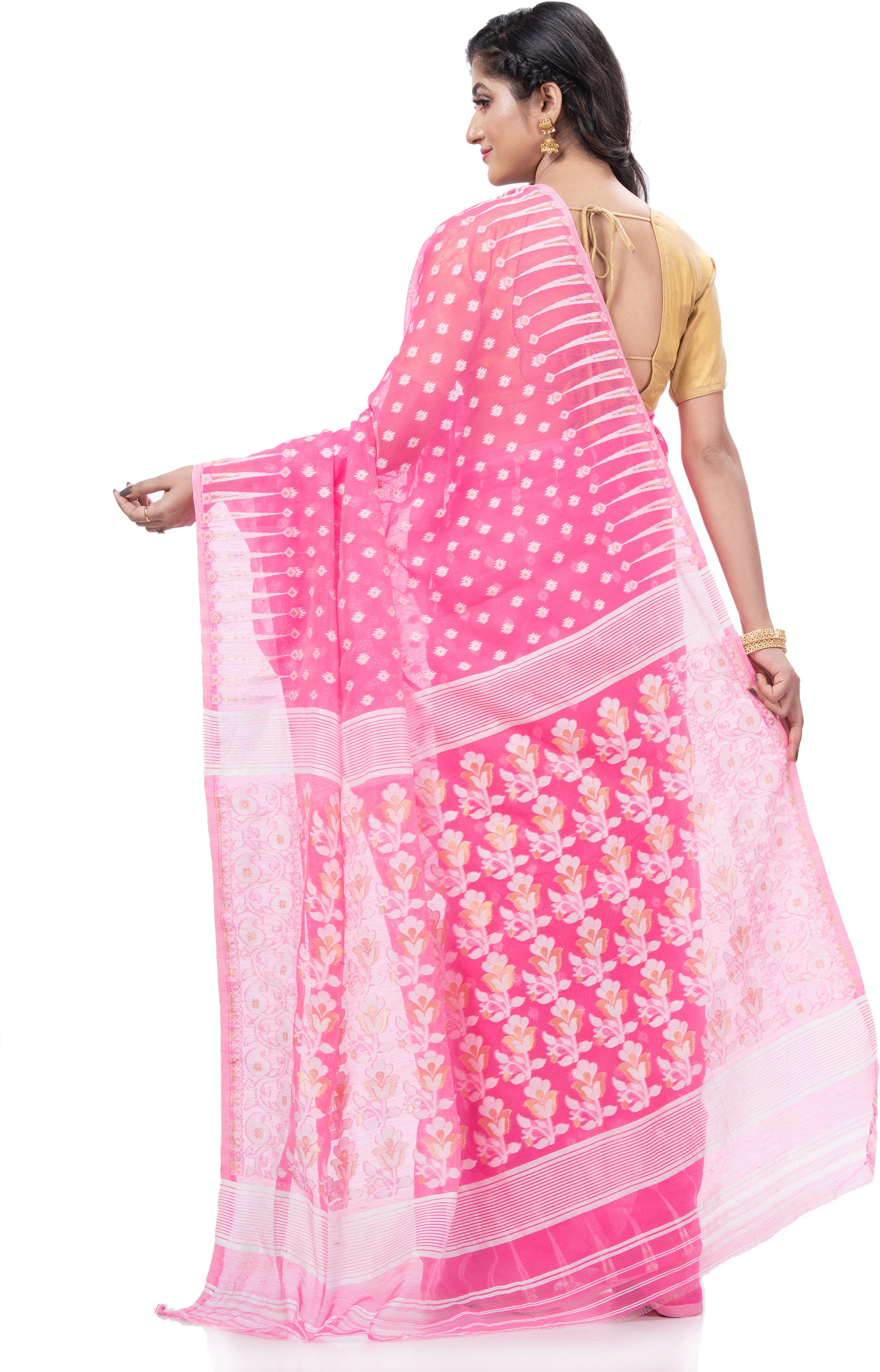 Desh Bidesh Embellished Jamdani Handloom Cotton Blend Saree (Pink) - Distacart