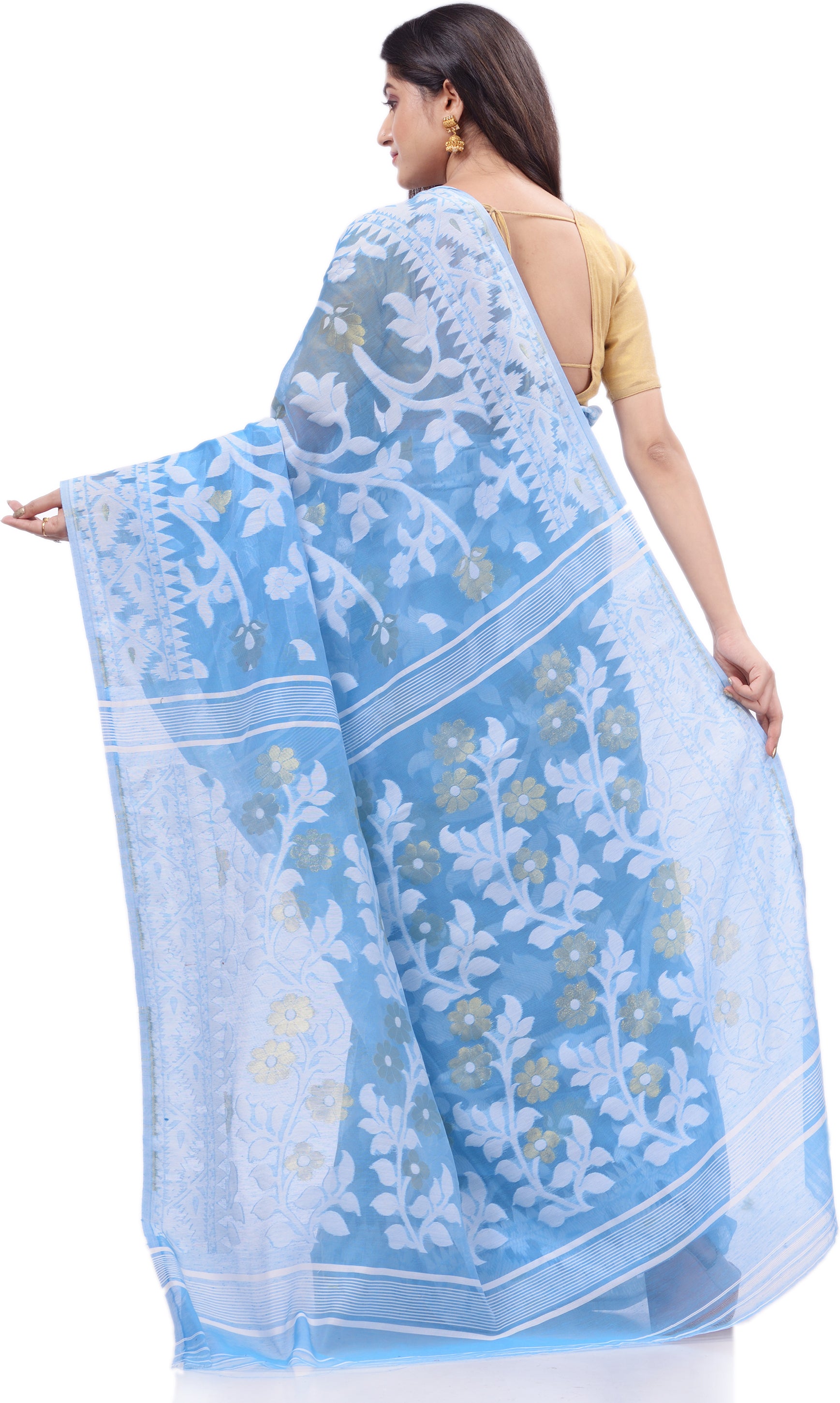 Desh Bidesh Woven Handloom Pure Cotton Saree (Light Blue) - Distacart