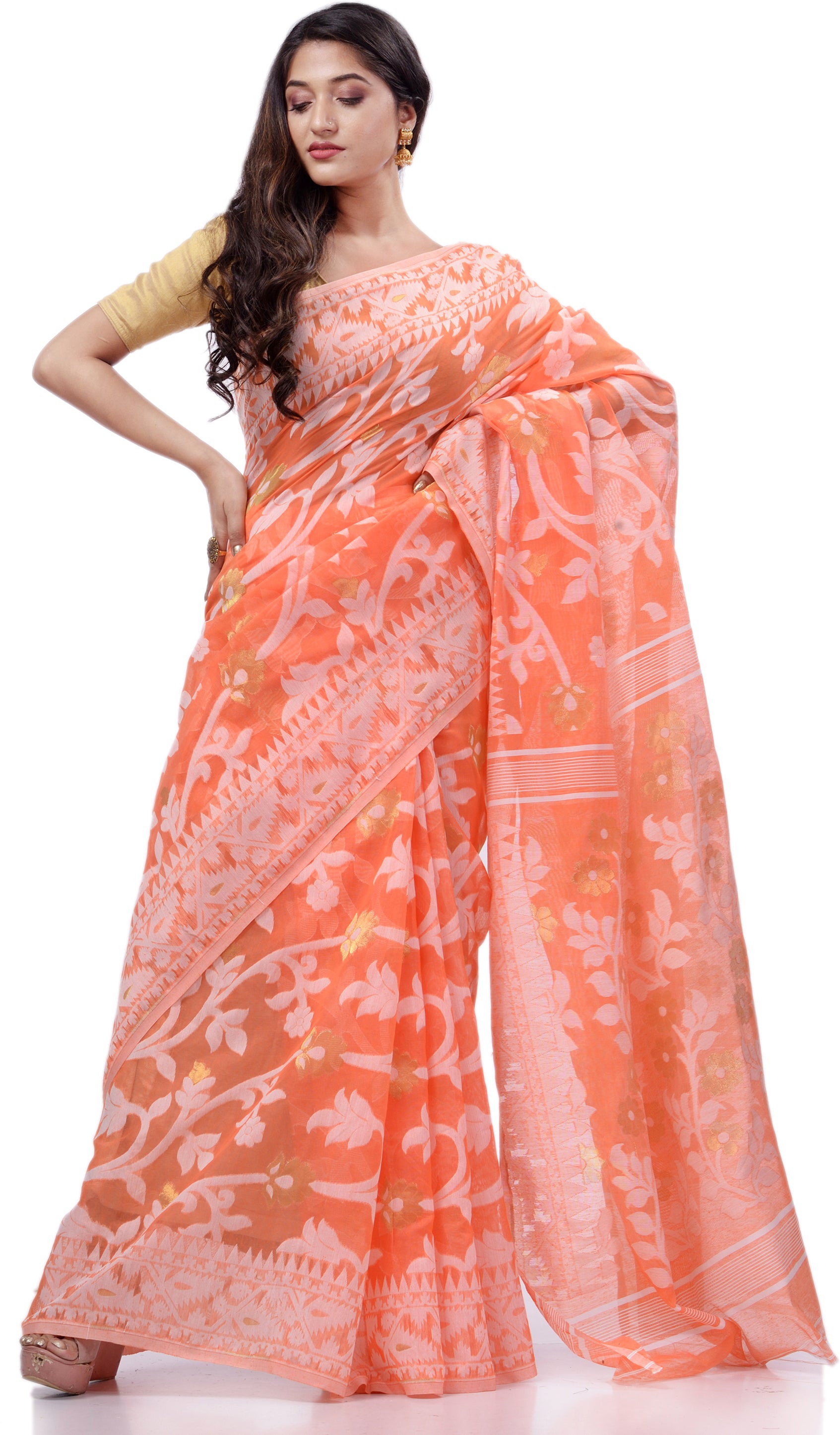 Desh Bidesh Woven Handloom Pure Cotton Saree (Orange) - Distacart