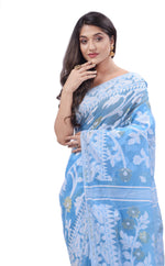 Thumbnail for Desh Bidesh Woven Handloom Pure Cotton Saree (Light Blue) - Distacart