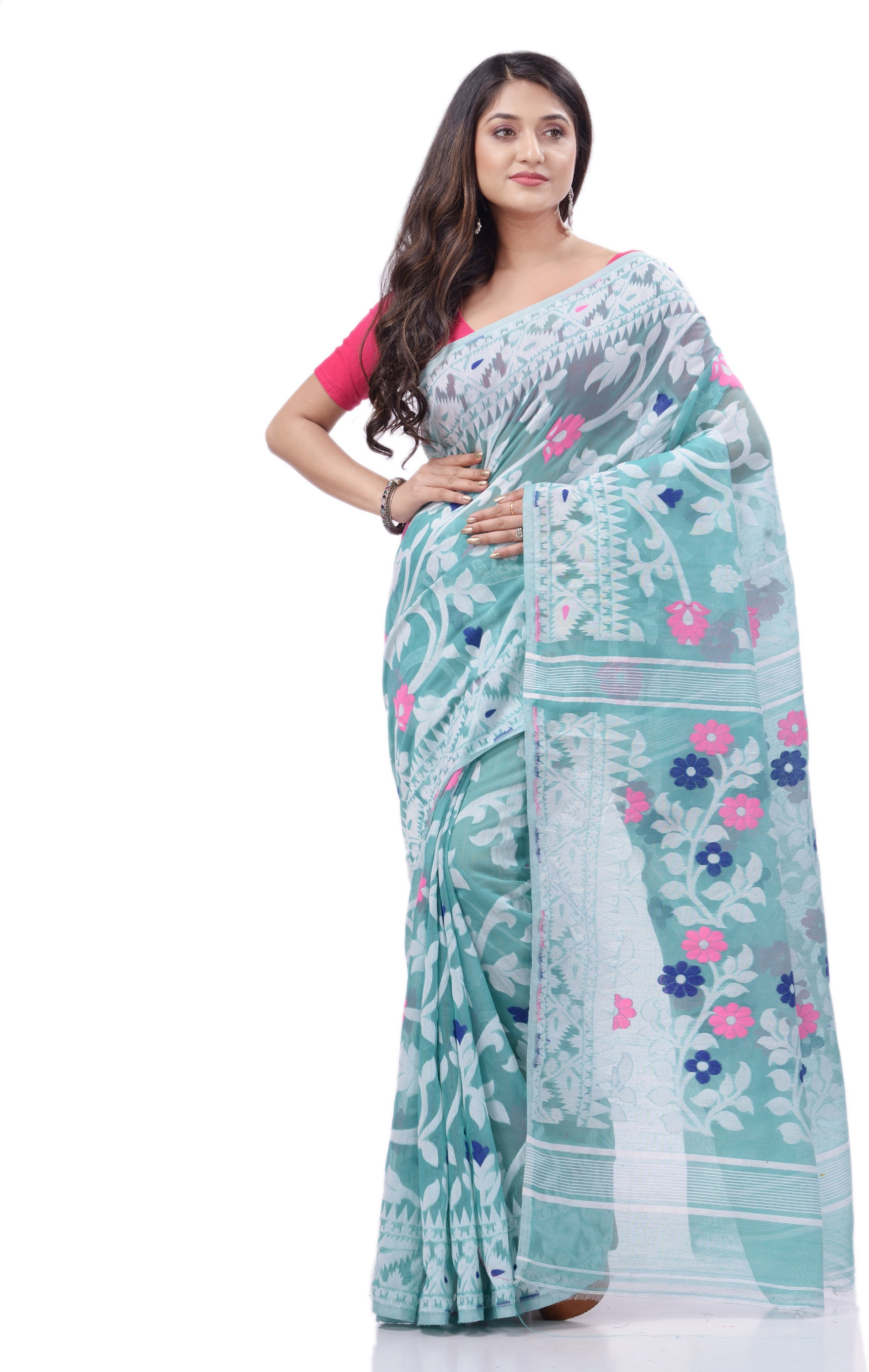 Desh Bidesh Woven Handloom Pure Cotton Saree (Light Blue) - Distacart