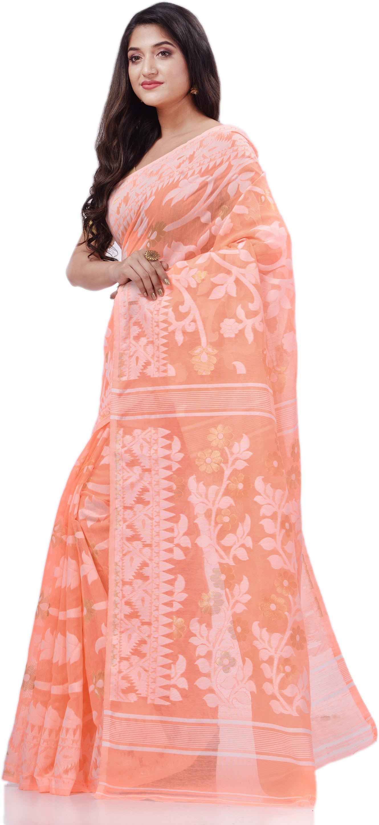 Desh Bidesh Woven Handloom Pure Cotton Saree (Orange) - Distacart