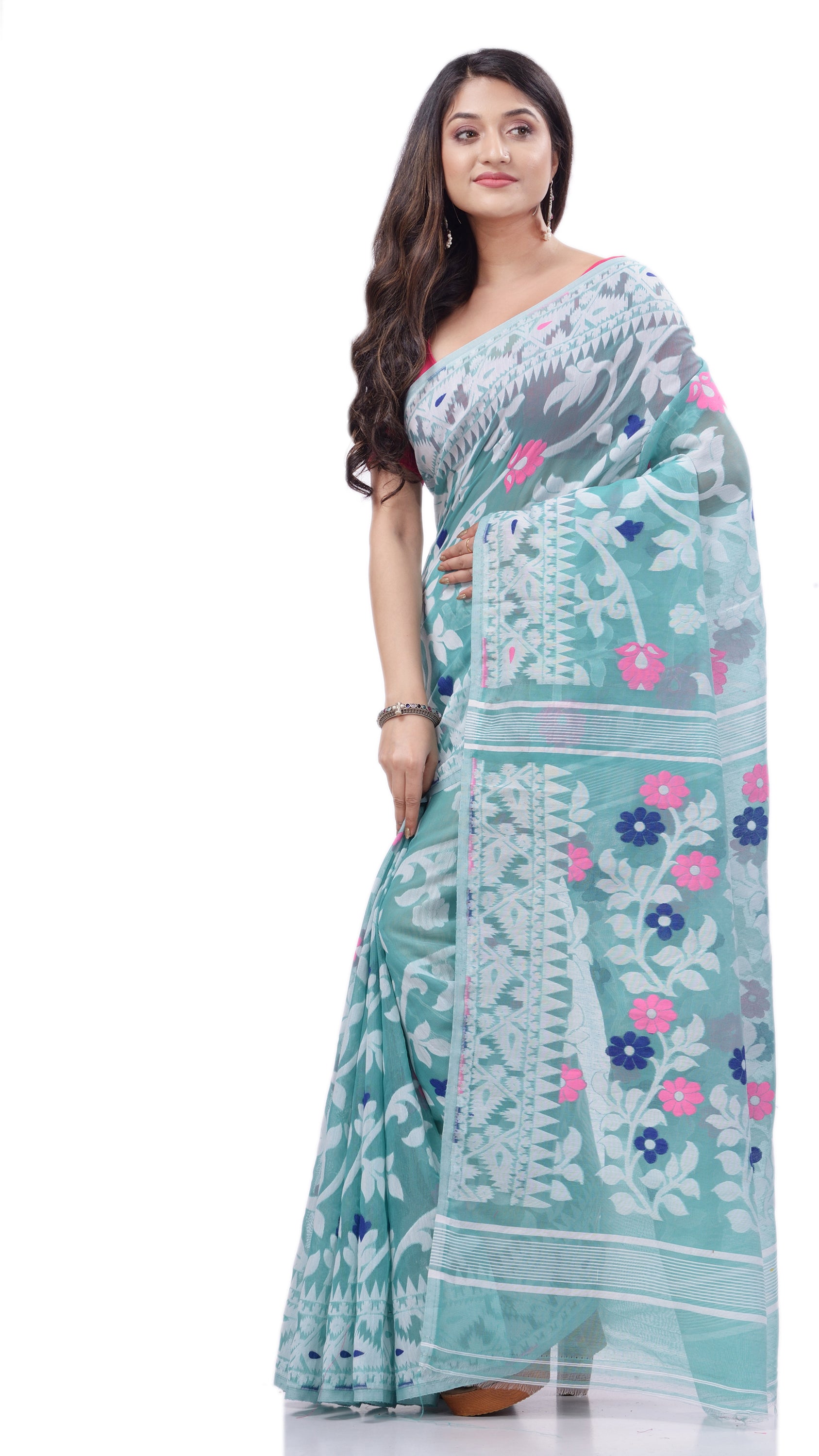 Desh Bidesh Woven Handloom Pure Cotton Saree (Light Blue) - Distacart