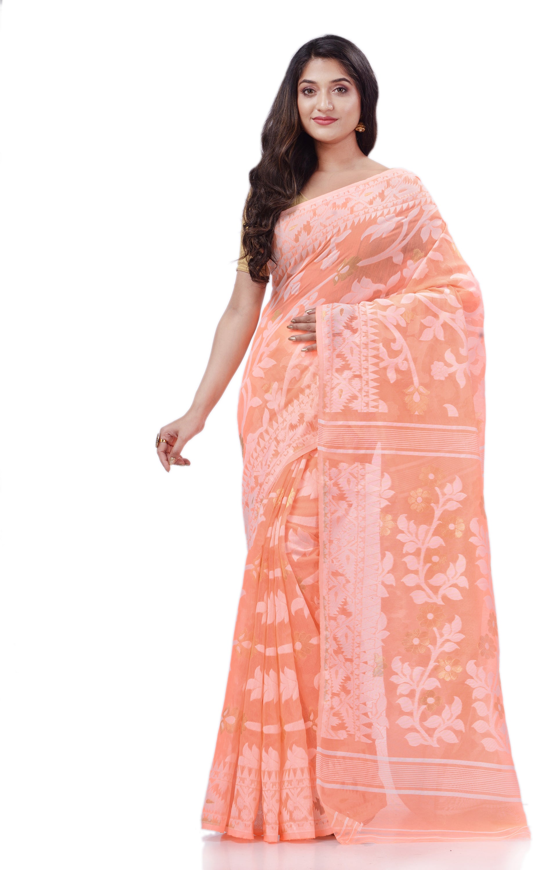 Desh Bidesh Woven Handloom Pure Cotton Saree (Orange) - Distacart