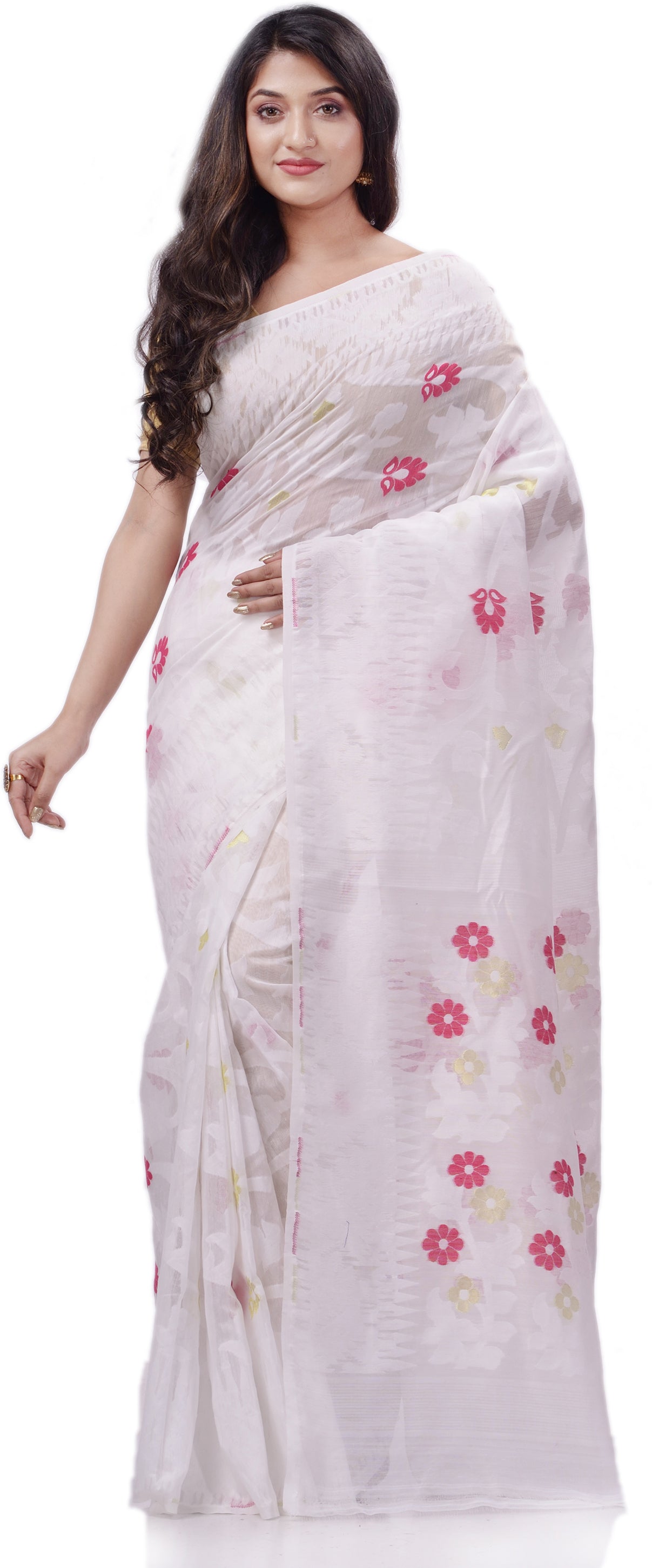 Desh Bidesh Woven Handloom Pure Cotton Saree (White) - Distacart