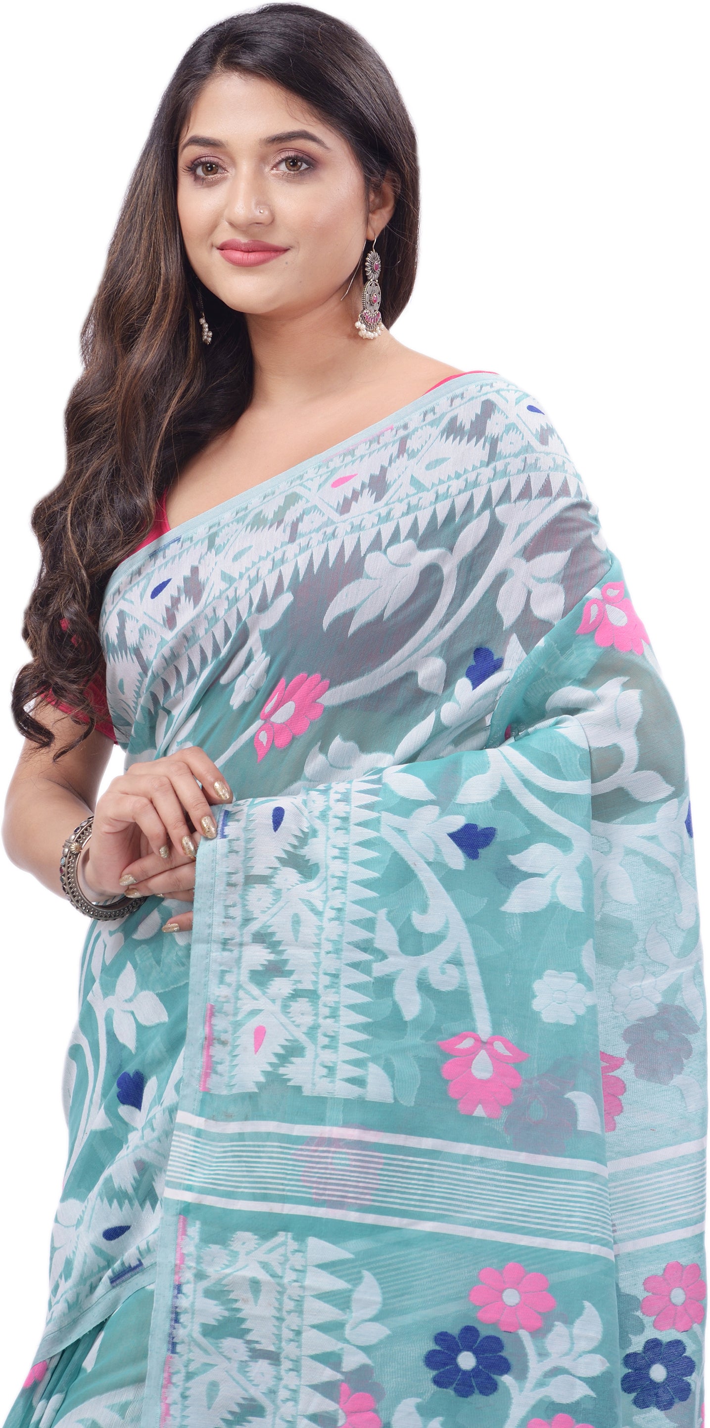 Desh Bidesh Woven Handloom Pure Cotton Saree (Light Blue) - Distacart