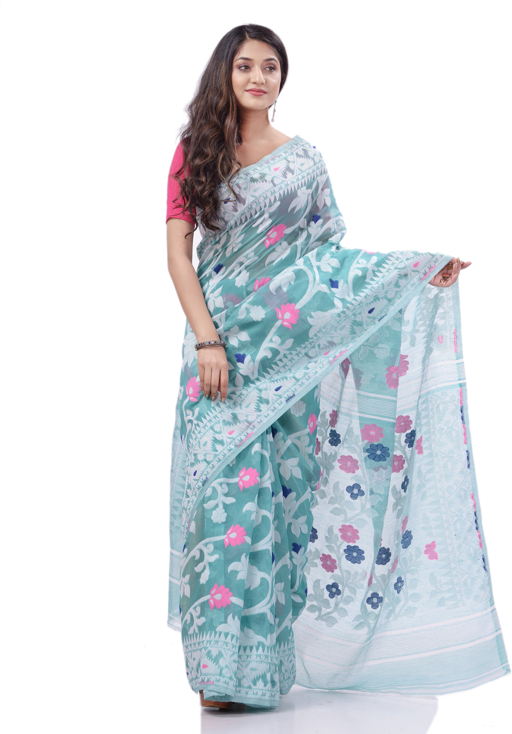 Desh Bidesh Woven Handloom Pure Cotton Saree (Light Blue) - Distacart