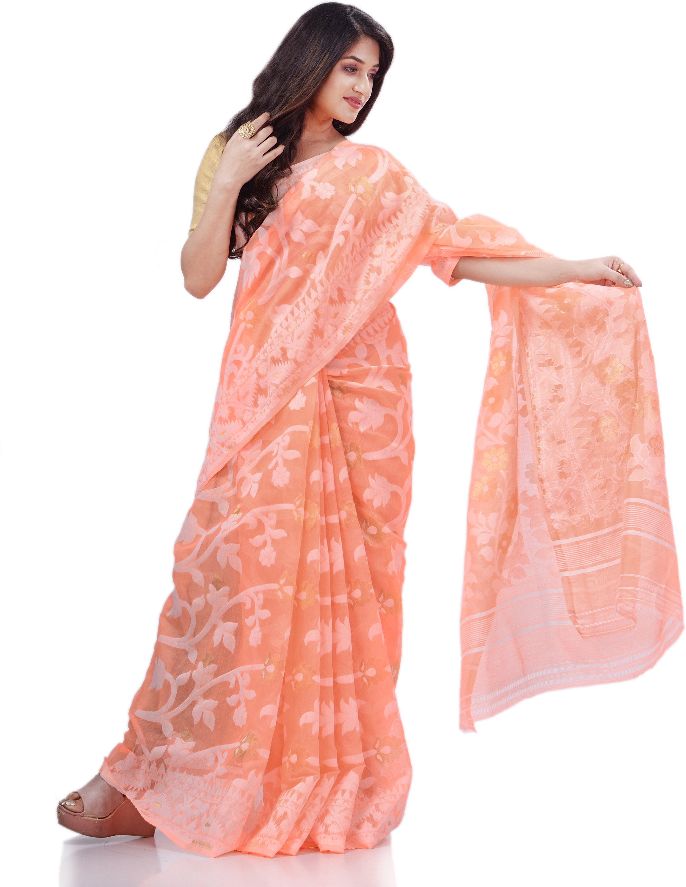 Desh Bidesh Woven Handloom Pure Cotton Saree (Orange) - Distacart