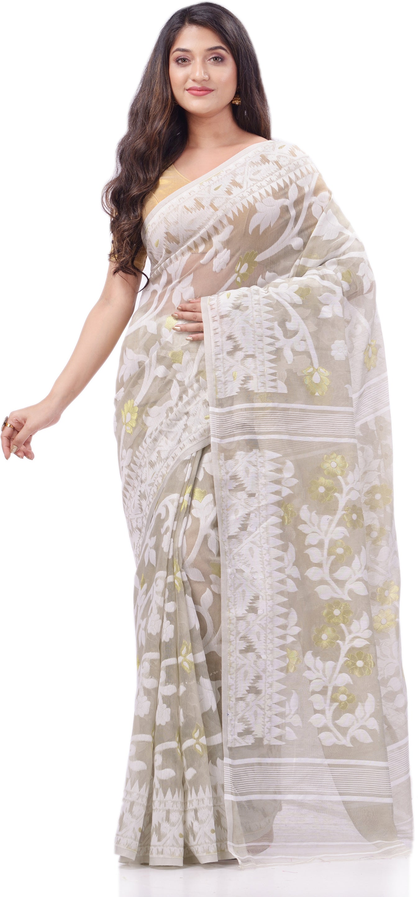 Desh Bidesh Woven Handloom Pure Cotton Saree (White) - Distacart