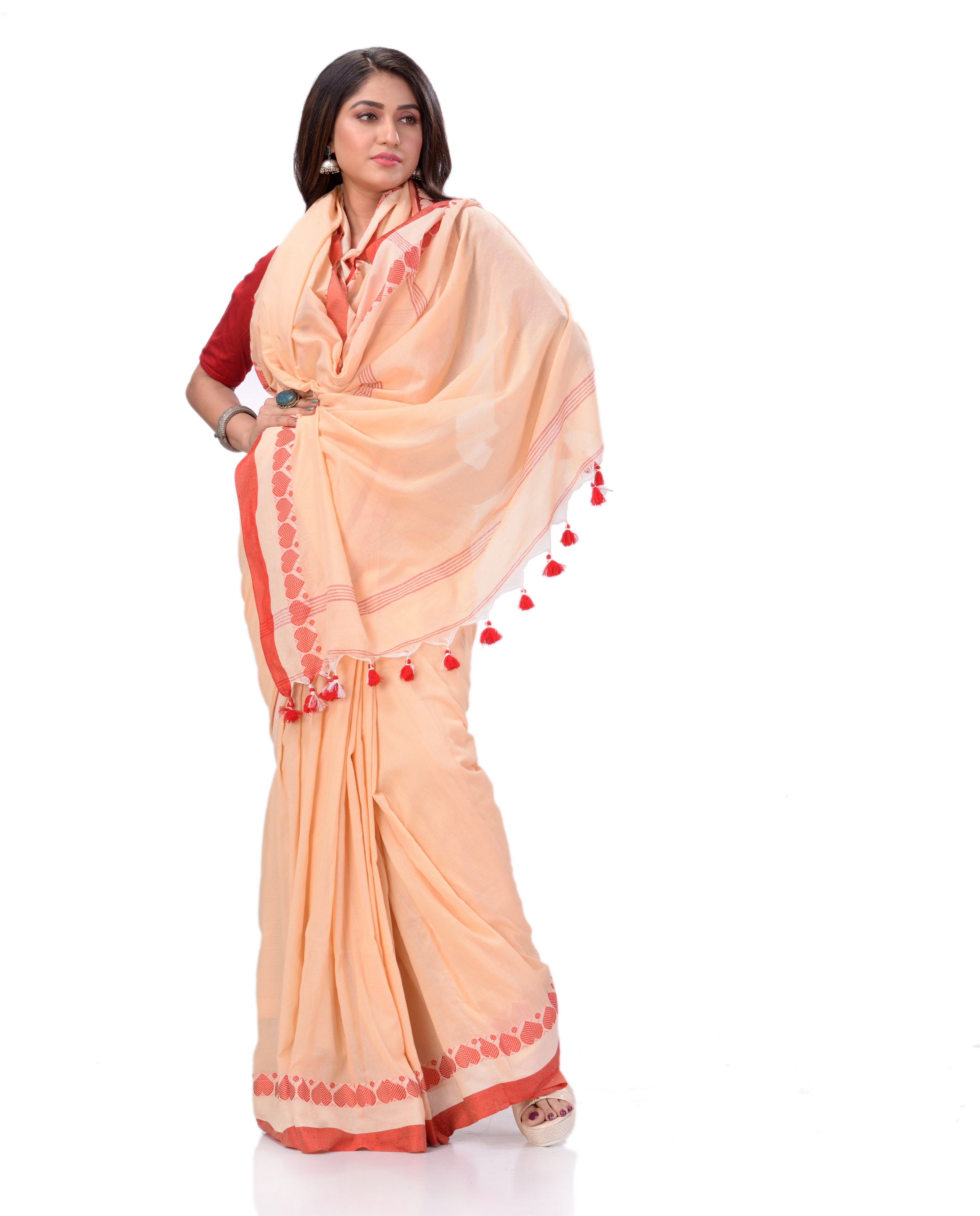 Desh Bidesh Woven Handloom Handloom Pure Cotton Saree (Orange) - Distacart