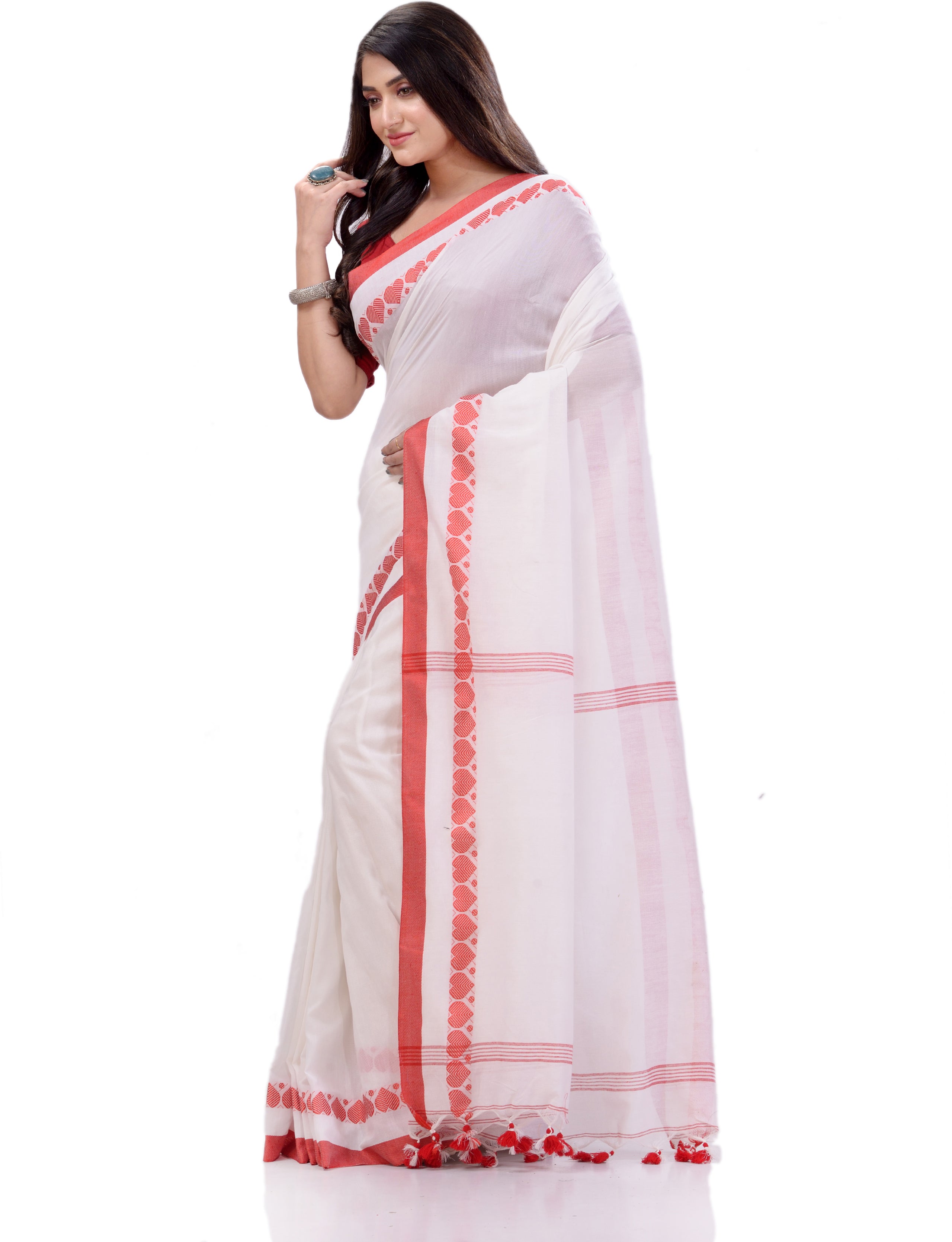 Desh Bidesh Woven Handloom Handloom Pure Cotton Saree (White) - Distacart