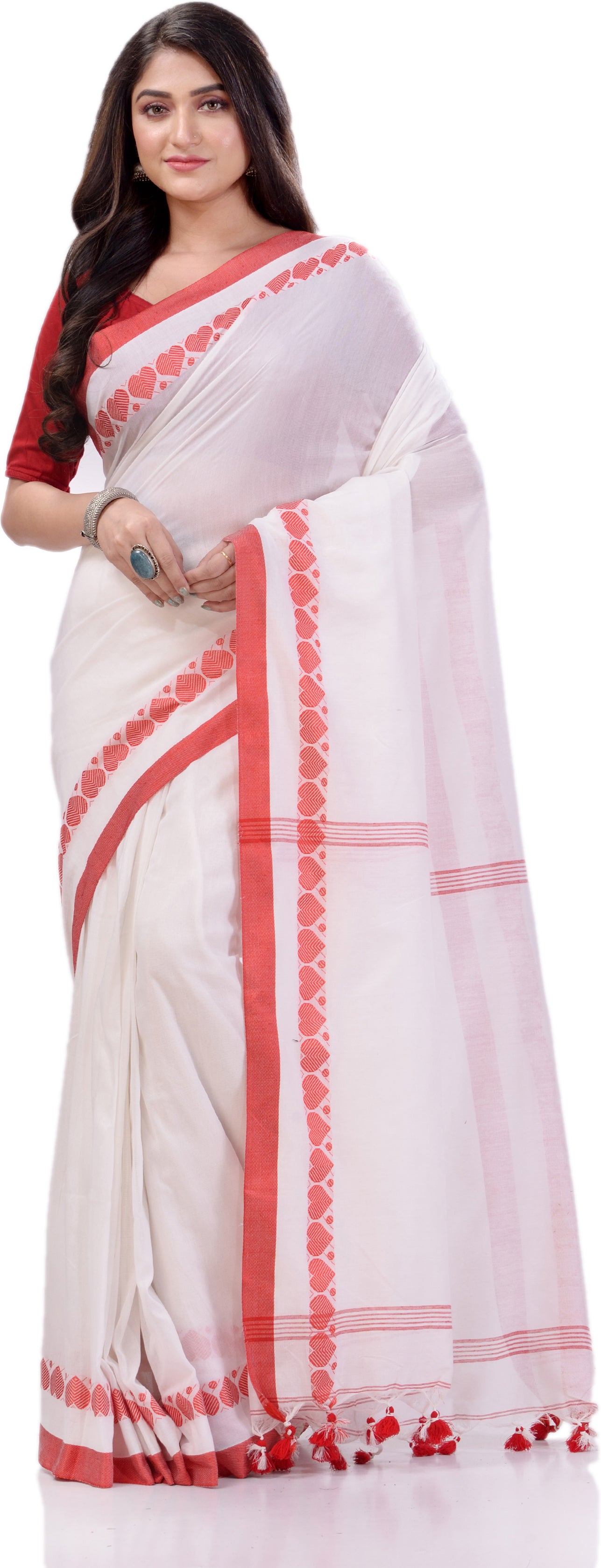 Desh Bidesh Woven Handloom Handloom Pure Cotton Saree (White) - Distacart