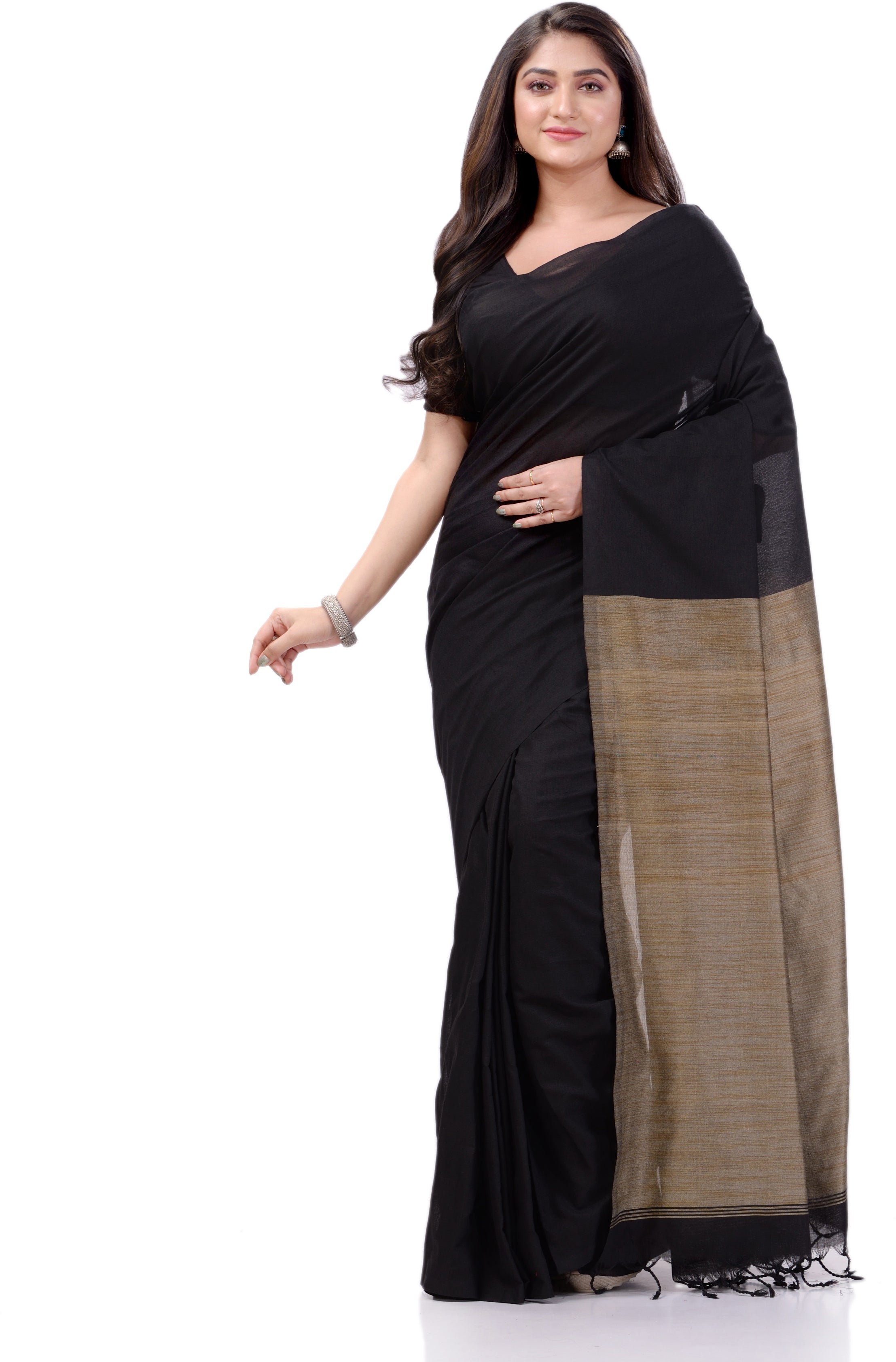 Desh Bidesh Woven Handloom Handloom Pure Cotton Saree (Black) - Distacart