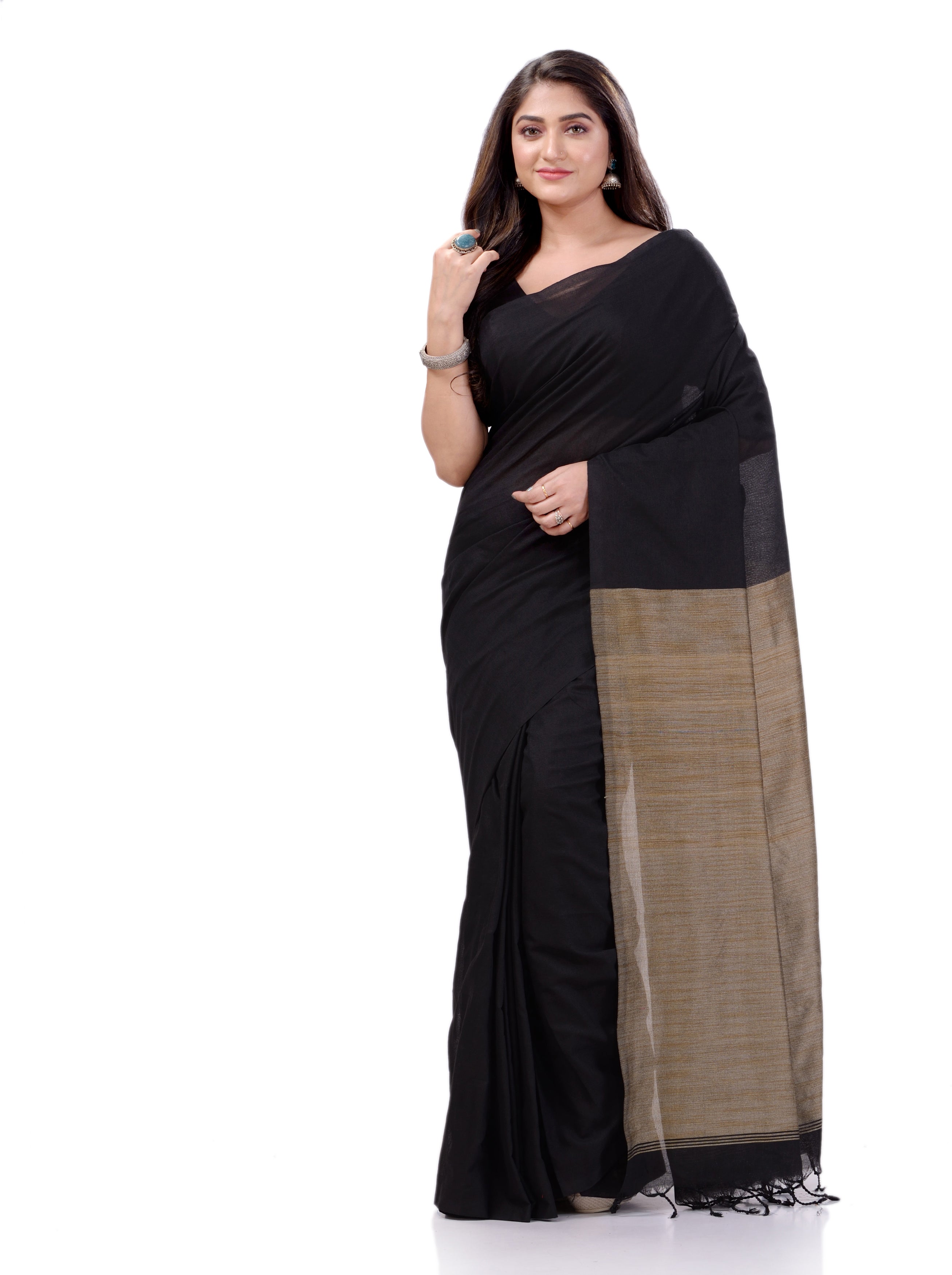 Desh Bidesh Woven Handloom Handloom Pure Cotton Saree (Black) - Distacart