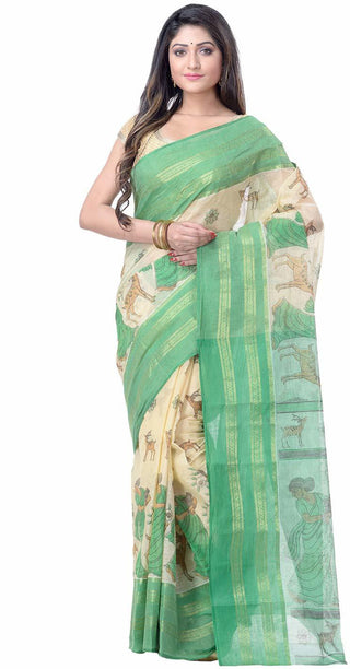 Desh Bidesh Women's Pure Cotton Handloom Bengal Tant Saree With Sakuntala Printed Zori Design Without Blouse Pcs - Distacart